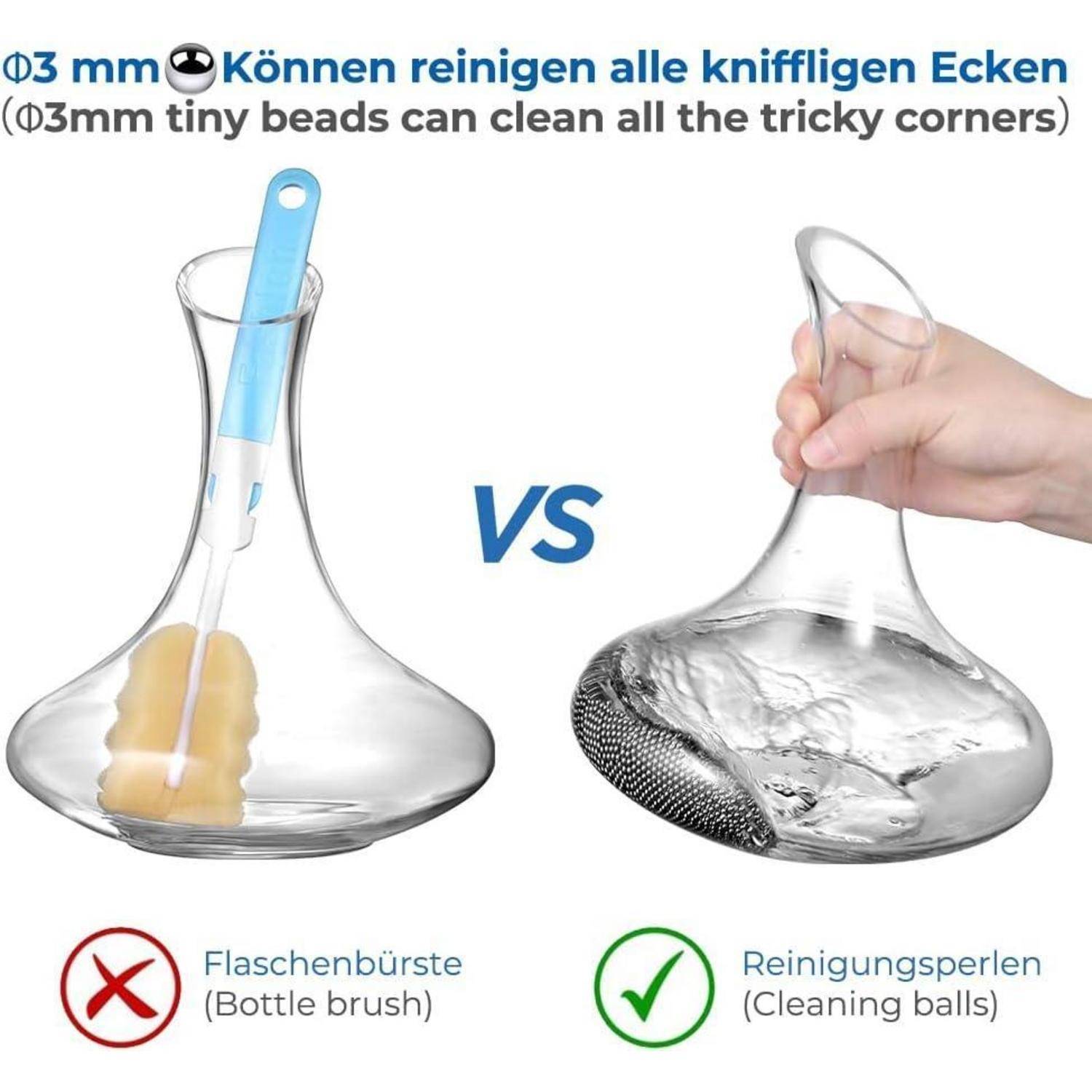 Ein Vergleich zwischen einer Flaschenbürste und Reinigungskugeln zum Reinigen von Karaffen. Die Bürste wird bei der Anwendung gezeigt, und die Kugeln werden hinsichtlich schwer zugänglicher Ecken verglichen.