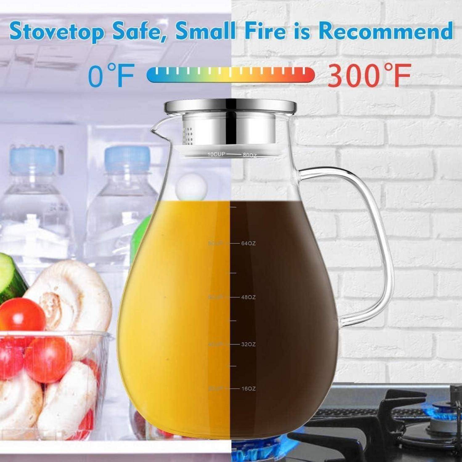 Ein Glaskrug mit einem Metalldeckel zeigt zwei Fächer, eines mit Orangensaft und eines mit Kaffee. Text darüber deutet auf ein kleines Feuer für Herdplatten-Sicherheit hin, und eine Temperatur von 0°F bis 300°F.