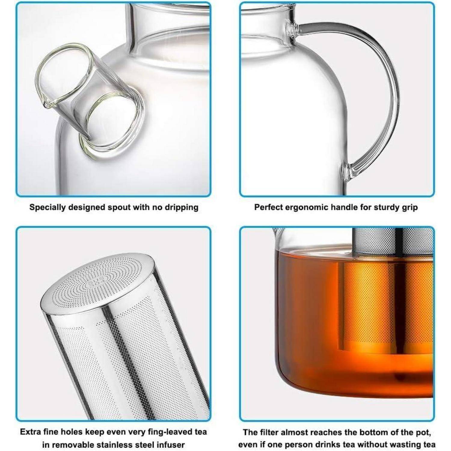 Glasteekanne mit ergonomischem Griff und tropffreier Ausgießschnauze. Ausgestattet mit einem Edelstahl-Teesieb mit feinen Löchern, das eine Teeinfusion ohne Verluste ermöglicht.