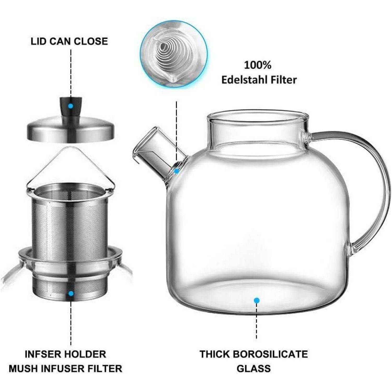 Glaskanne mit Edelstahlsieb und Deckel. Ausgestattet mit '100% Edelstahl Filter' für die Teezubereitung. Aus dickem Borosilikatglas.