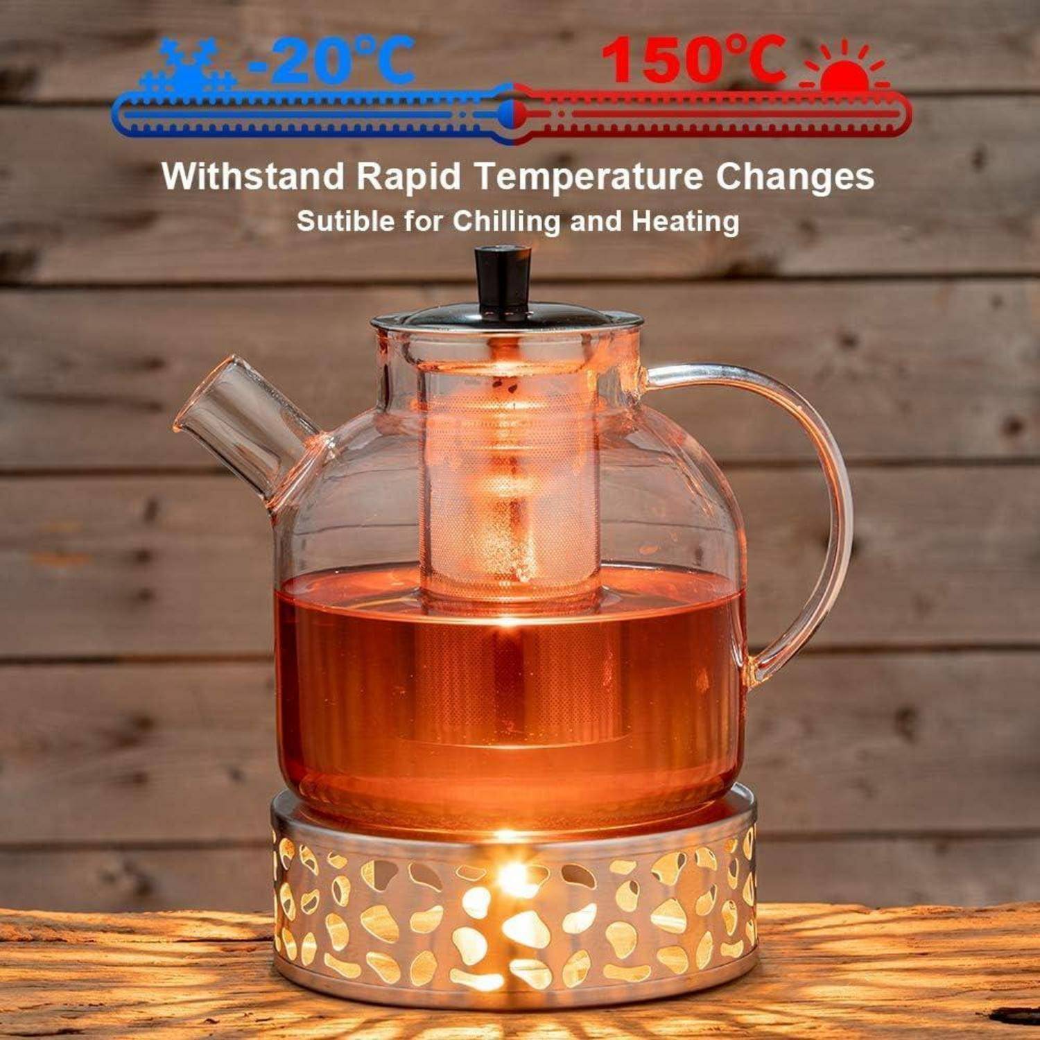 Glasteekanne auf einer beleuchteten Basis mit Text darüber: '-20°C bis 150°C. Widersteht rapiden Temperaturveränderungen. Geeignet zum Kühlen und Erhitzen.