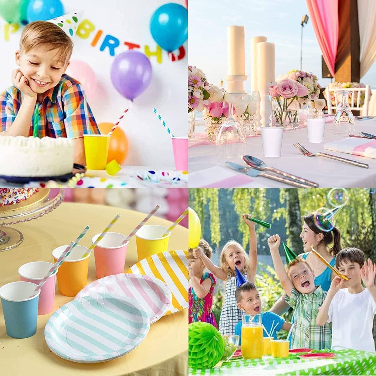 Collage von Kindern, die bei einer Geburtstagsparty mit Kuchen, Luftballons, festlicher Tischdekoration sowie bunten Bechern und Tellern feiern.