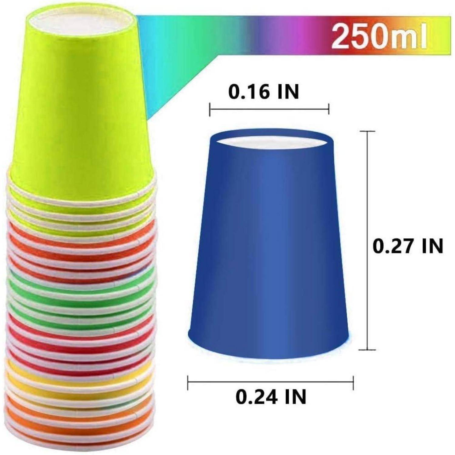 Stapel von bunten Plastikbechern mit Größenangaben: 250 ml Fassungsvermögen, Durchmesser 0,24 Zoll, Höhe 0,27 Zoll, Lippendicke 0,16 Zoll.