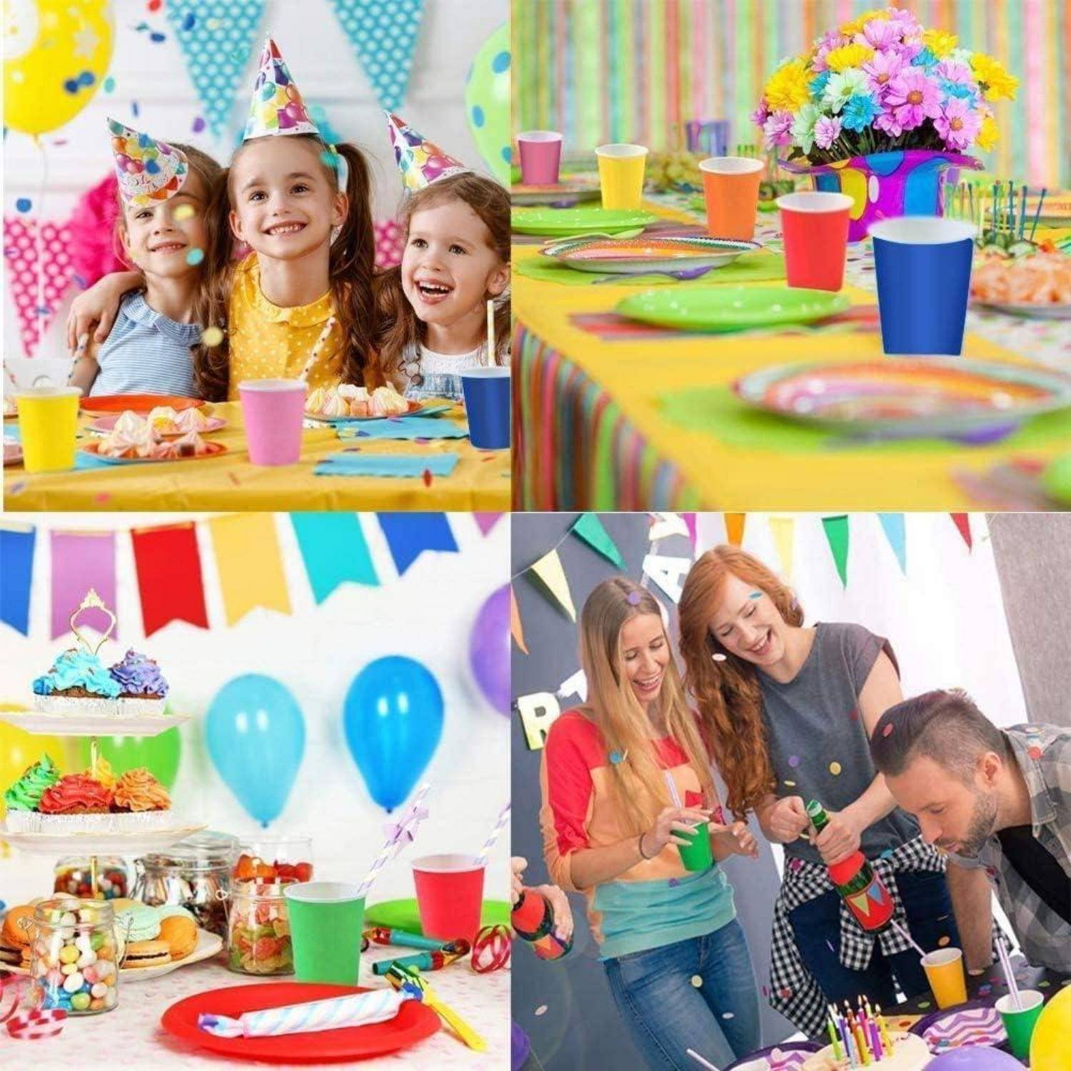 Drei Kinder mit Partyhüten lächeln an einem Tisch mit Essen. Bunte Tischgedekte und Dekorationen sind zu sehen. Erwachsene in einem anderen Bereich scheinen sich auf derselben Veranstaltung zu amüsieren.