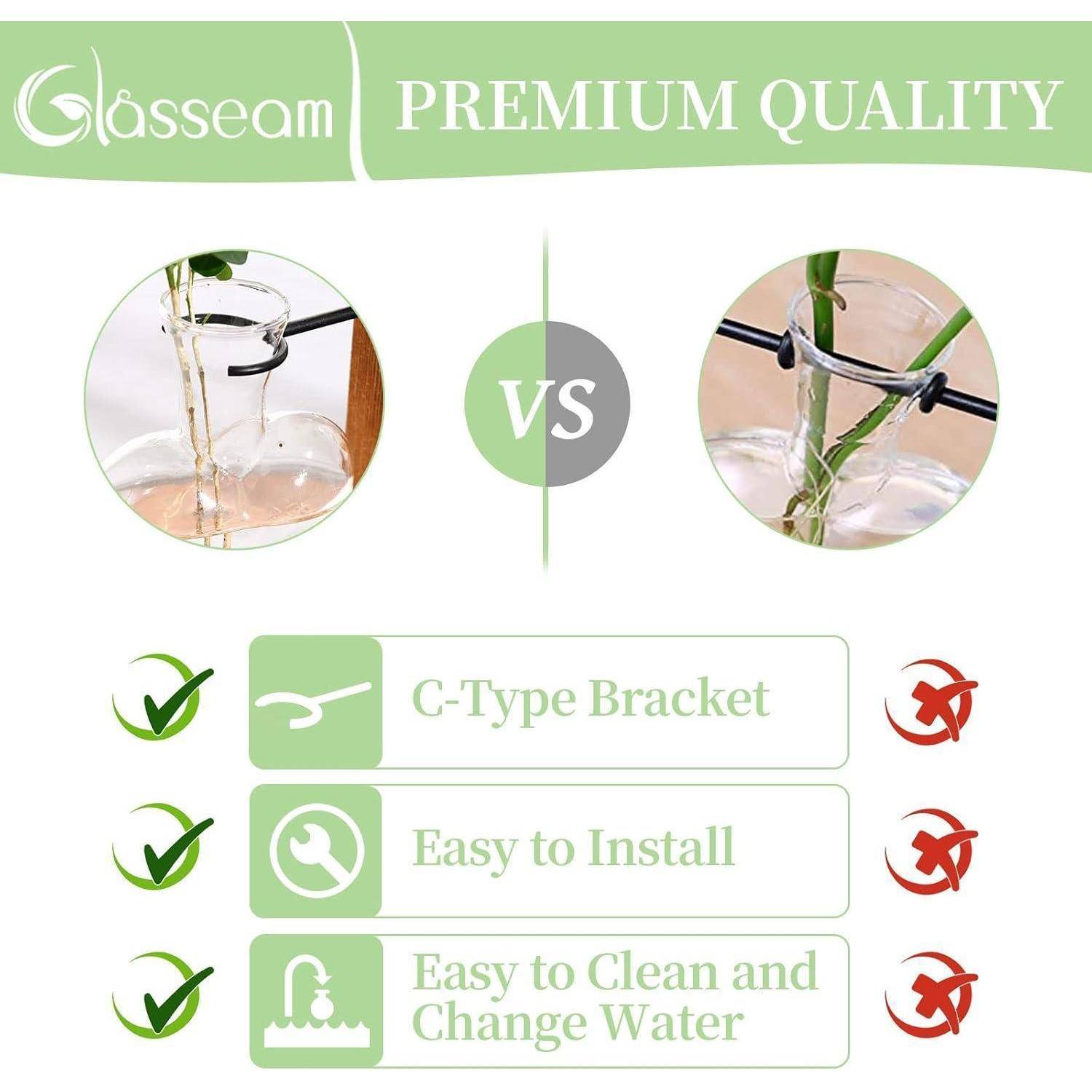 Der 'Glasseam Premium Quality' C-Typ-Halter wird hervorgehoben und zeigt seine einfache Installation und Wasseraustauschmöglichkeiten mithilfe von Visualisierungen.