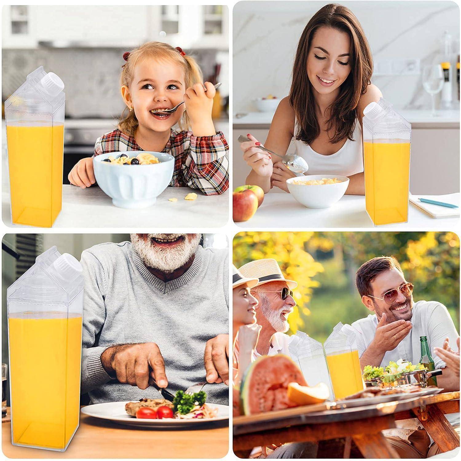 Vier Bilder zeigen Menschen, die Frühstück genießen. Oben links: Kind isst Müsli. Oben rechts: Frau mit Müsli. Unten links: Älterer Mann bereit zum Essen. Unten rechts: Gruppe speist im Freien mit Getränken.