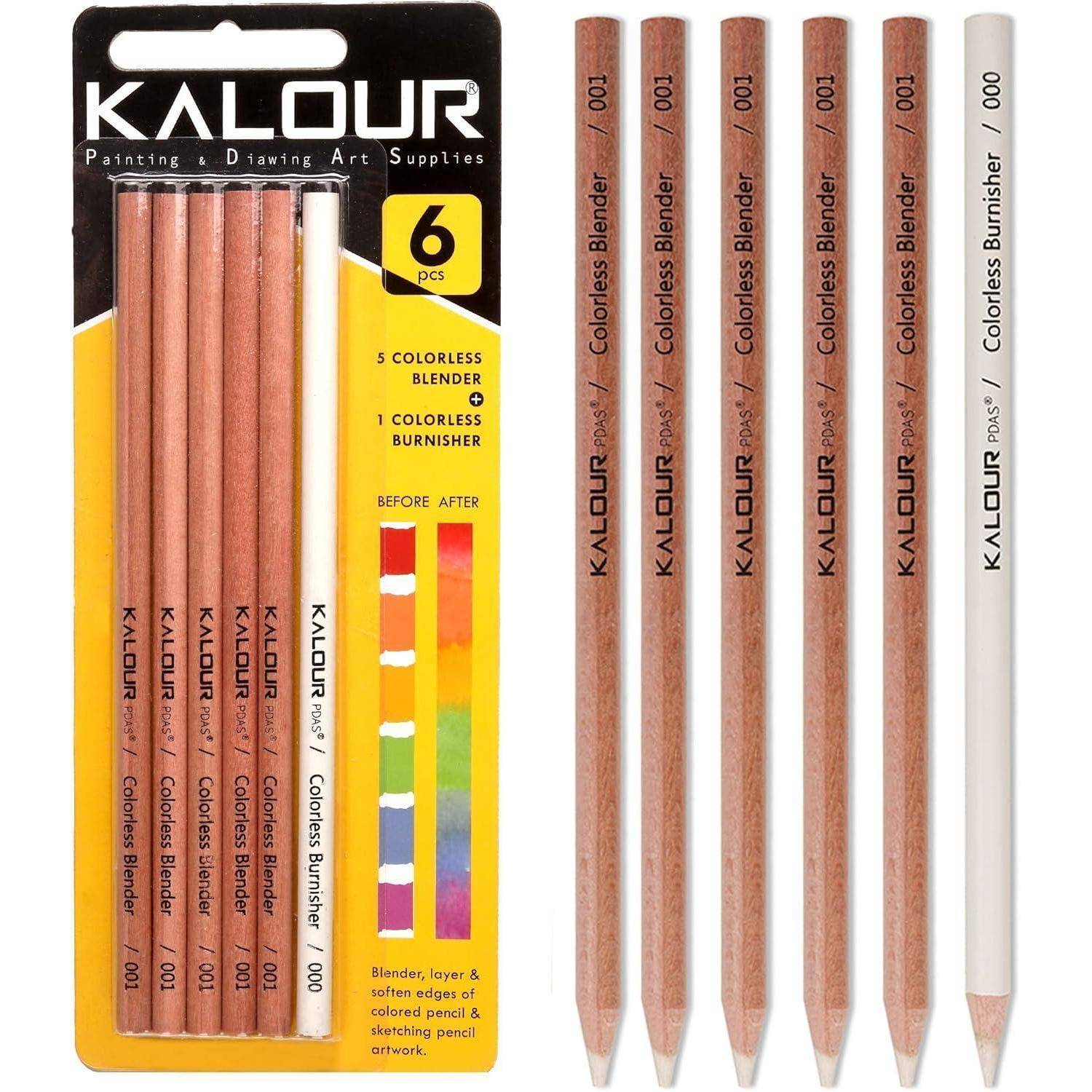 Der 'Kalour' 6-teilige Satz enthält 5 farblose Mischstifte und 1 farblosen Aufhellstift. Die Verpackung zeigt eine Mischfarbentabelle.