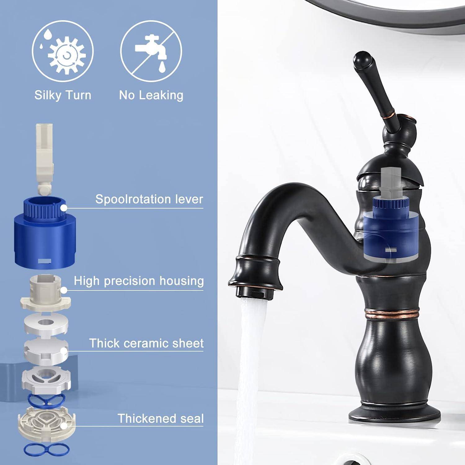 Wasserhahn mit seidiger Drehung und ohne Undichtigkeit, bestehend aus: Spindelrotationshebel, hochpräzisem Gehäuse, dicker Keramikscheibe, verstärkter Dichtung. Hauptaugenmerk auf Wasserhahnauslauf und Teilenanordnung.