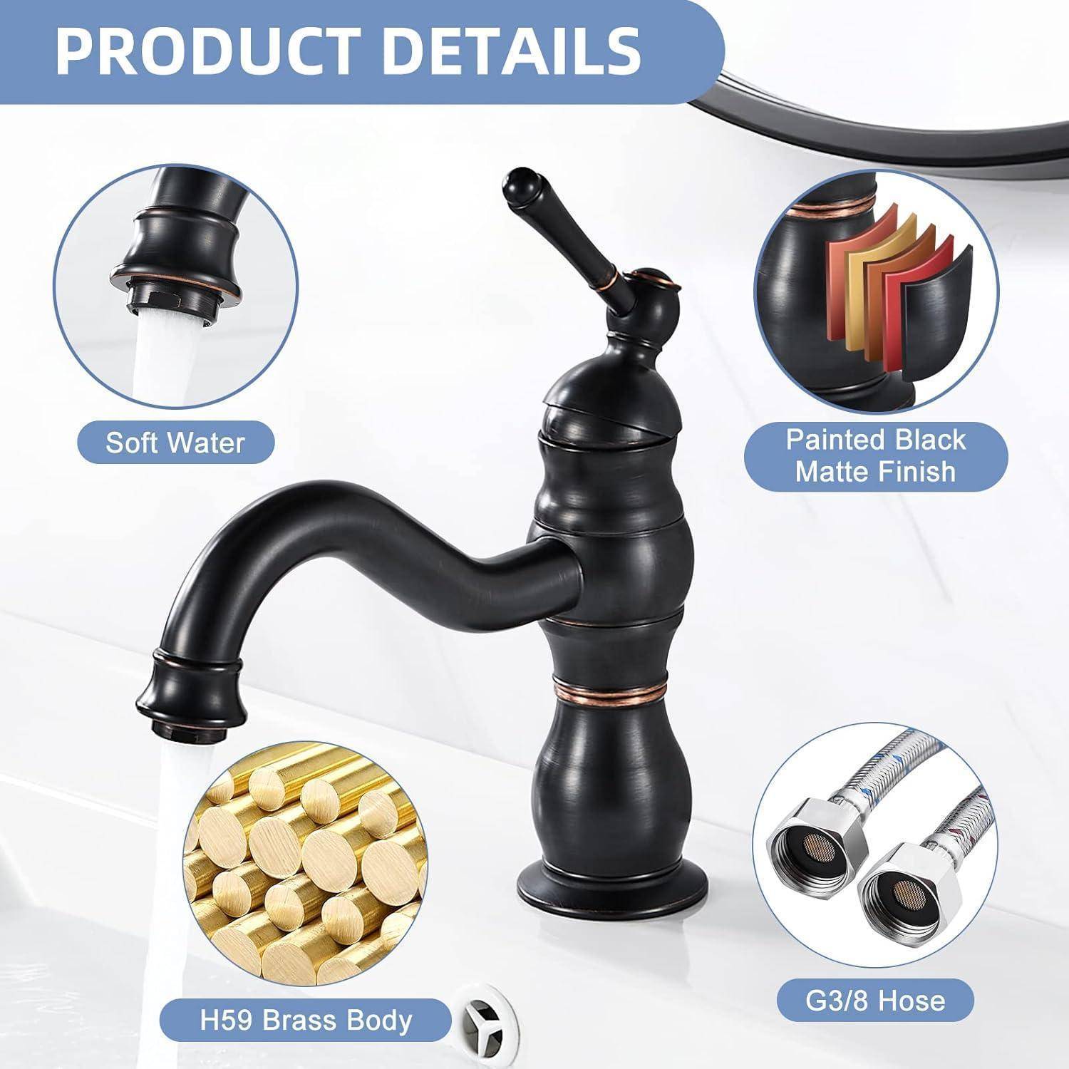 Produktdetails: Bild zeigt einen mattschwarz gehaltenen Wasserhahn mit weichem Wasserbelüfter, H59-Körper und G3/8-Schlauch, wobei die Haltbarkeitsmerkmale hervorgehoben werden.