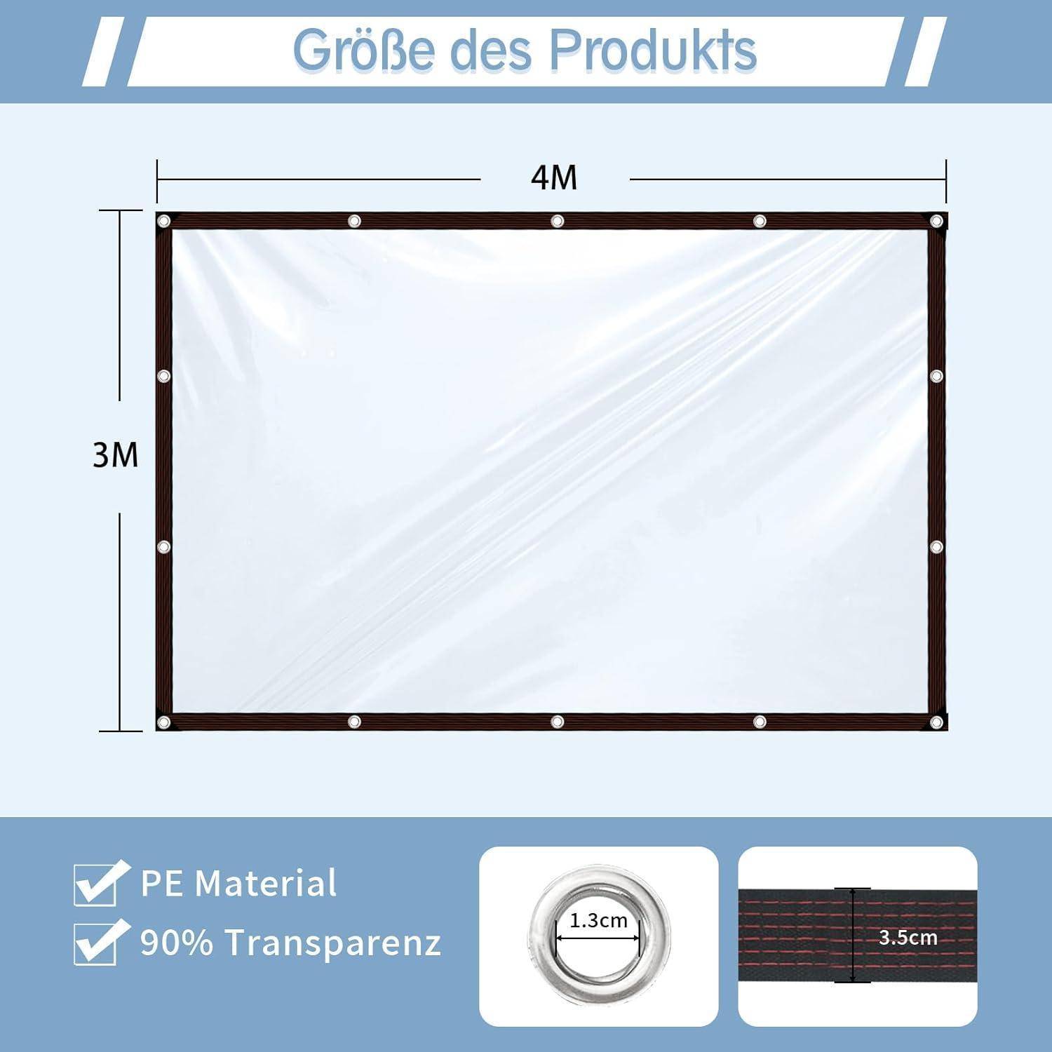Eine transparente Plane aus PE-Material, 4 Meter breit und 3 Meter hoch, mit 90% Transparenz und Ösen mit einem Durchmesser von 1,3 cm.