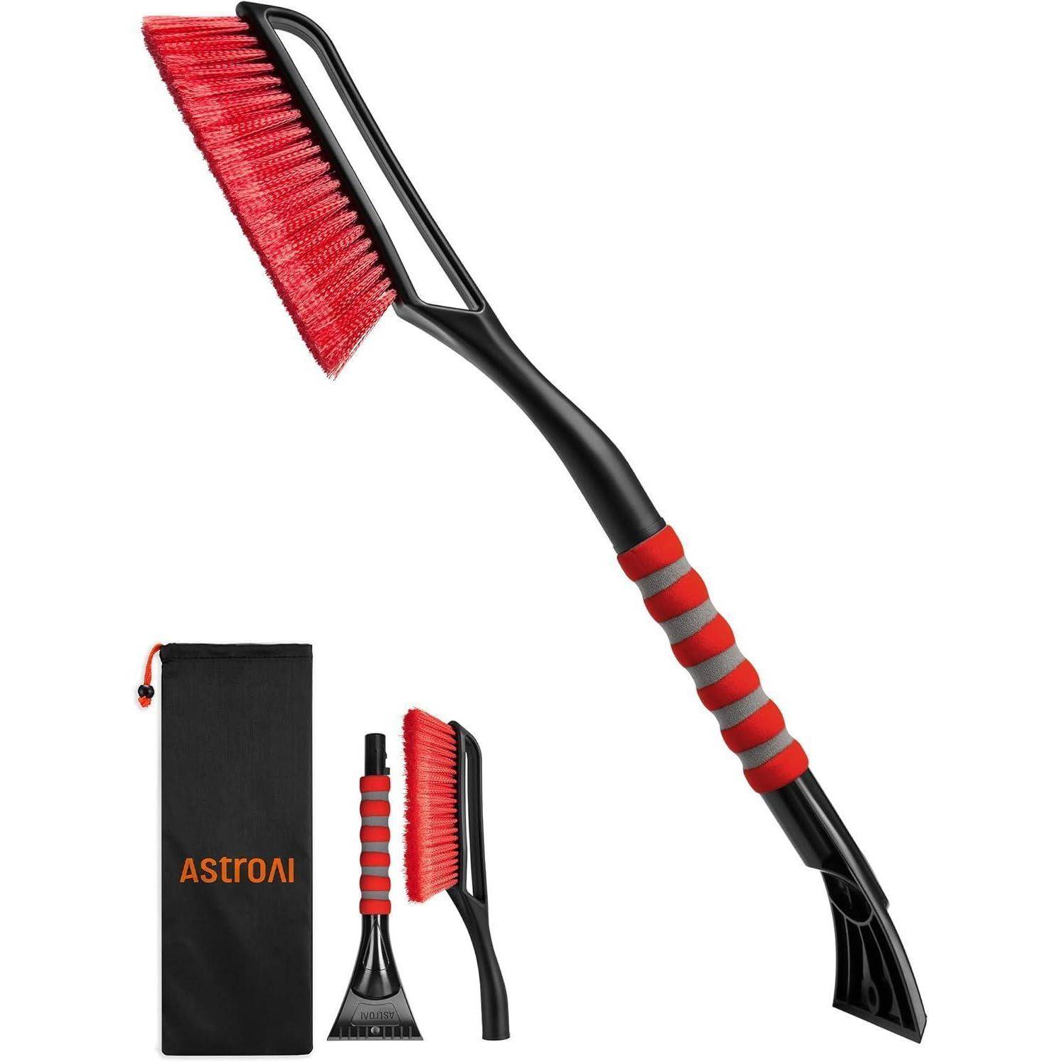 Ein rot-schwarzer Schneebesen und Eiskratzer mit abnehmbarem Design. Inklusive eines Aufbewahrungsbeutels mit der Aufschrift 