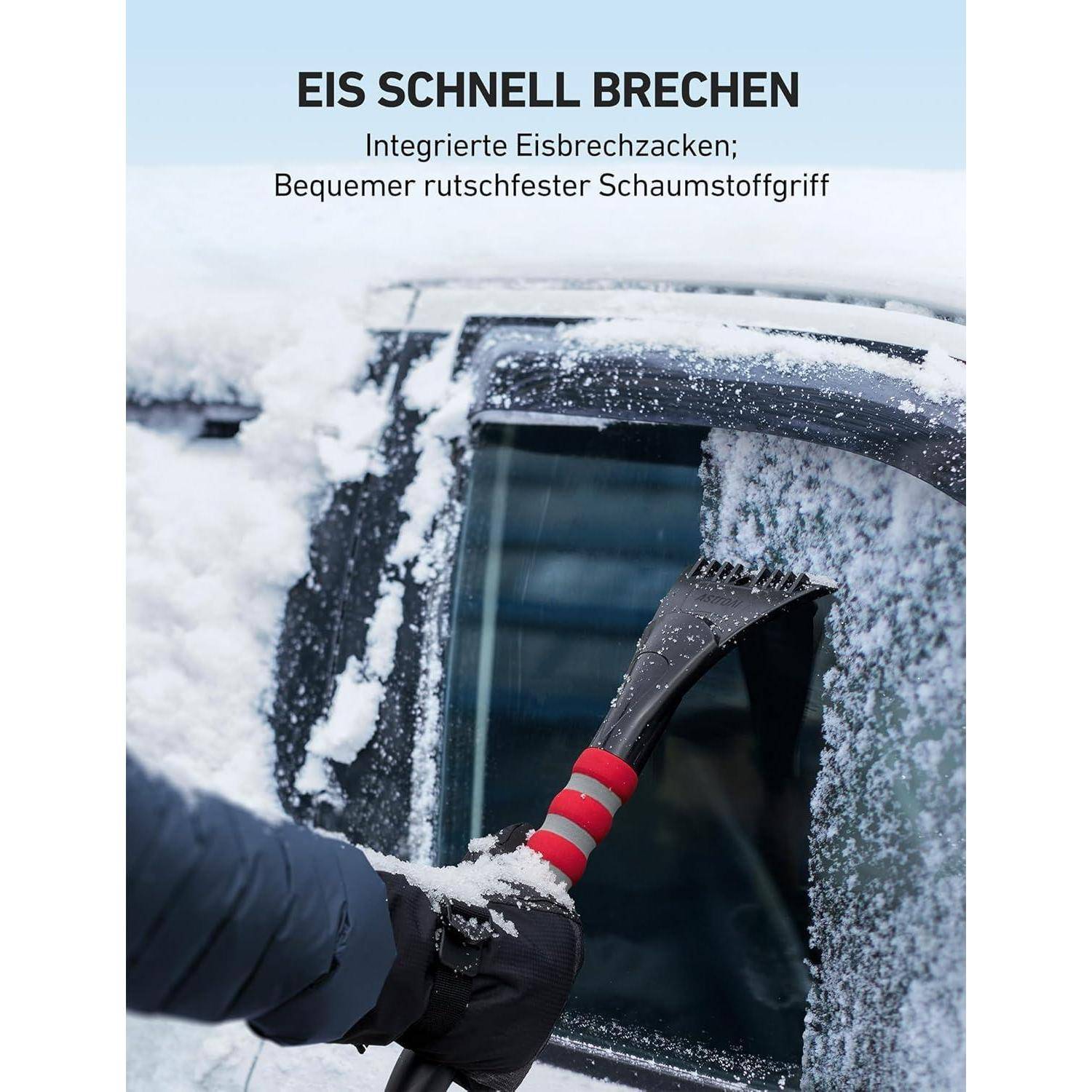 Eine Person benutzt ein Werkzeug mit einem rot-schwarzen Griff, um Eis von einer Autoscheibe zu kratzen. Der Text über der Szene lautet 