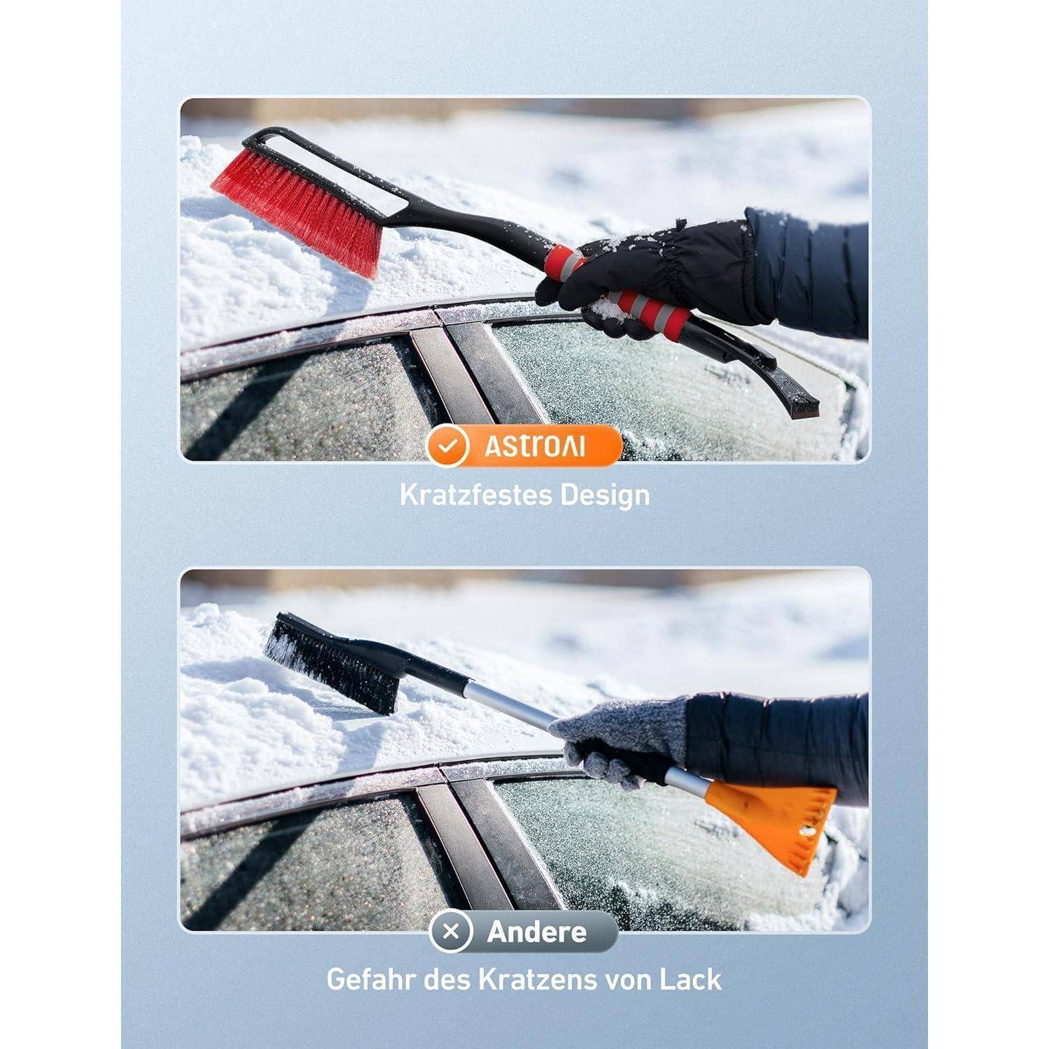 Oberes Bild: Nahaufnahme einer Schrubbürste mit 'Kratzfestes Design', die über einem verschneiten Autoheck gehalten wird. Unteres Bild: Längere Bürste mit 'Gefahr des Kratzens von Lack', was darauf hindeutet, dass sie den Lack beschädigen könnte.