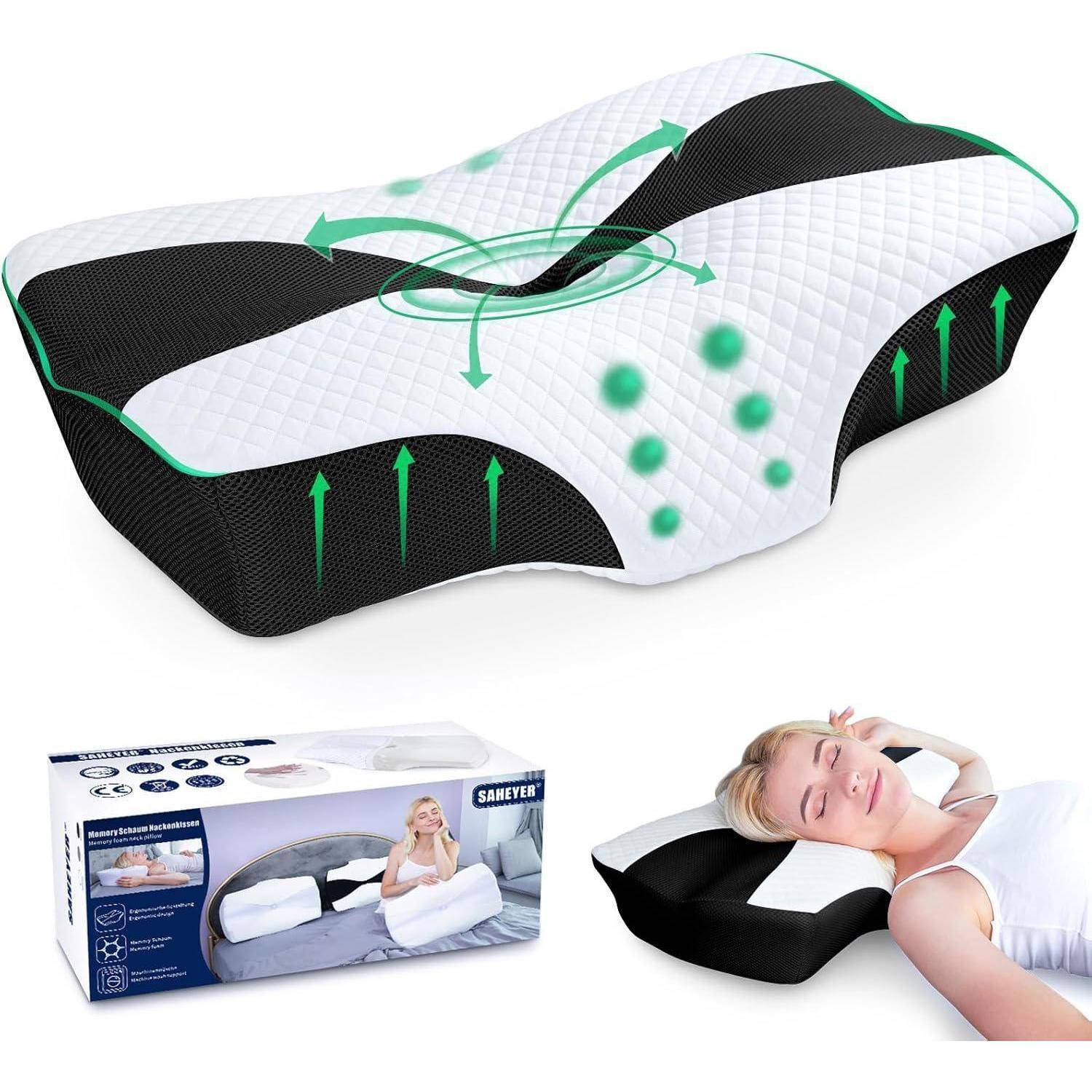 Orthopädisches Memoryschaum-Kissen mit ergonomischem Design für Nackenstütze; Pfeile zeigen Luftströmung. Bild einer Person, die bequem auf dem Kissen schläft.