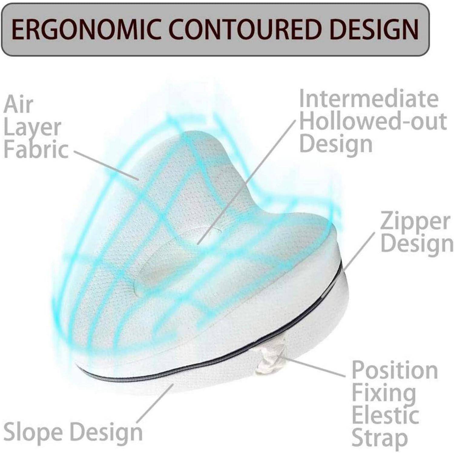 Orthopädisches Kissen mit ergonomischer Konturgestaltung, das Eigenschaften wie Luftschichtgewebe, ausgehöhlte Form, Reißverschluss, Neigungsdesign und elastischen Gurt aufweist.