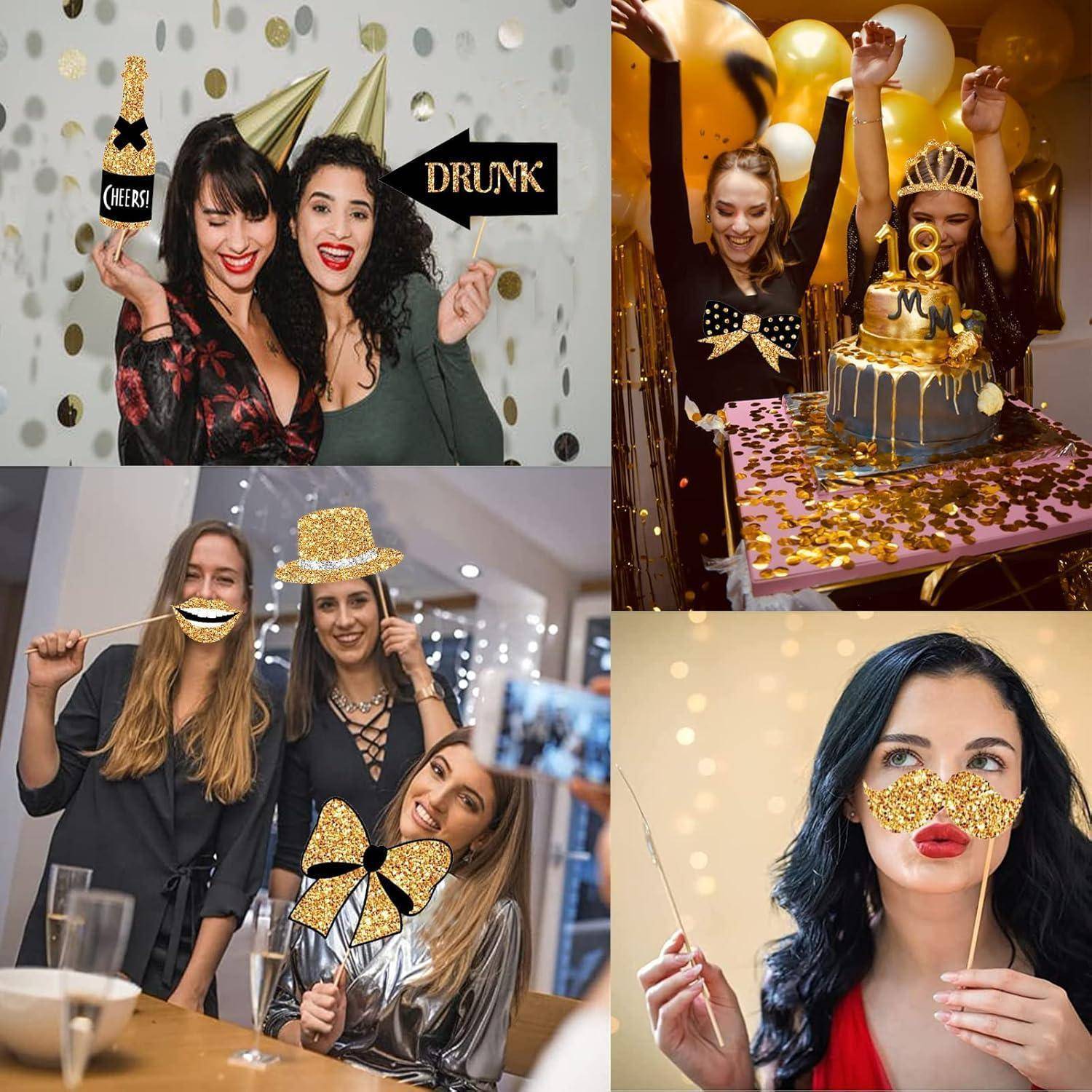 Vier Bilder von Menschen, die eine Party feiern mit dekorativen Requisiten, Gold- und Schwarzthema, und einer Torte mit Luftballons, die '18' markieren.
