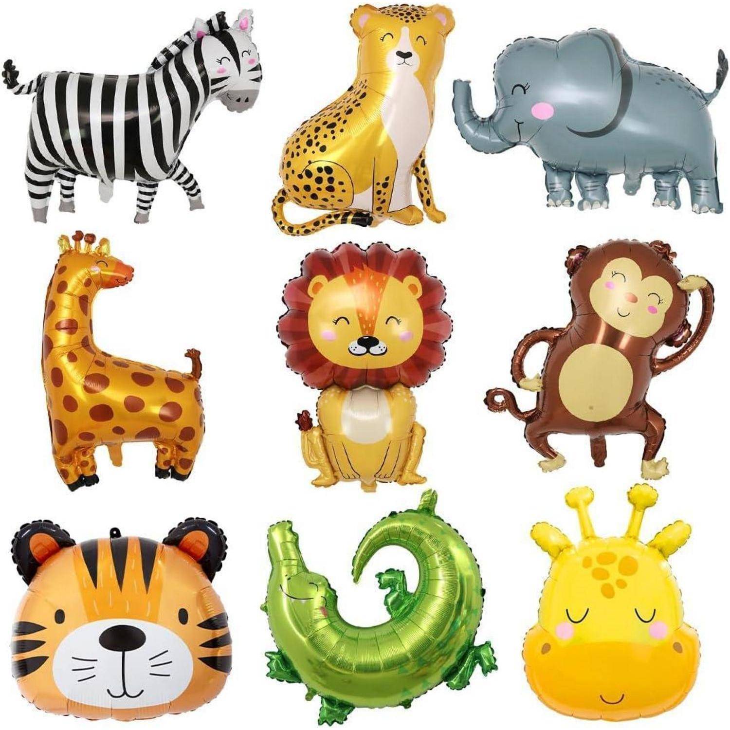 Aufblasbare Tierballons mit einem Zebra, Gepard, Elefanten, Giraffe, Löwen, Affen, Tiger, Krokodil und gelber Giraffe.