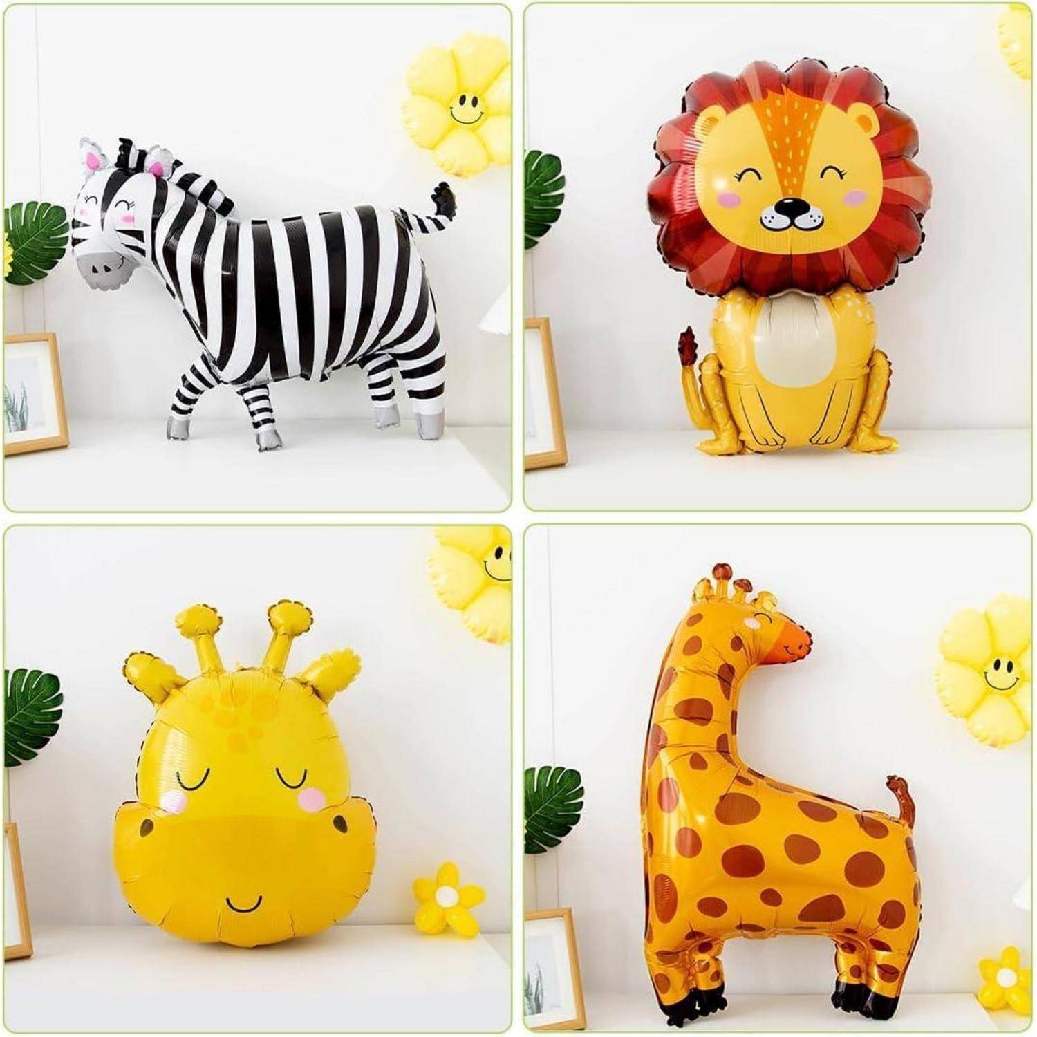 Vier tierische Luftballons vor einem weißen Hintergrund: ein Zebra, ein Löwe, ein gelbes Giraffengesicht und ein orangefarbener Giraffenkörper.