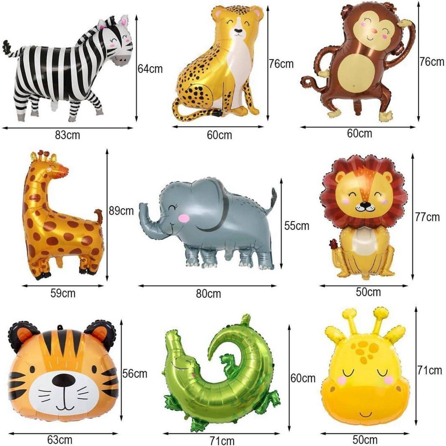 Neun Tier-Luftballons: Zebra, Gepard, Affe, Giraffe, Elefant, Löwe, Tiger, Krokodil, Giraffe. Größen variieren ungefähr zwischen 50-83 cm.