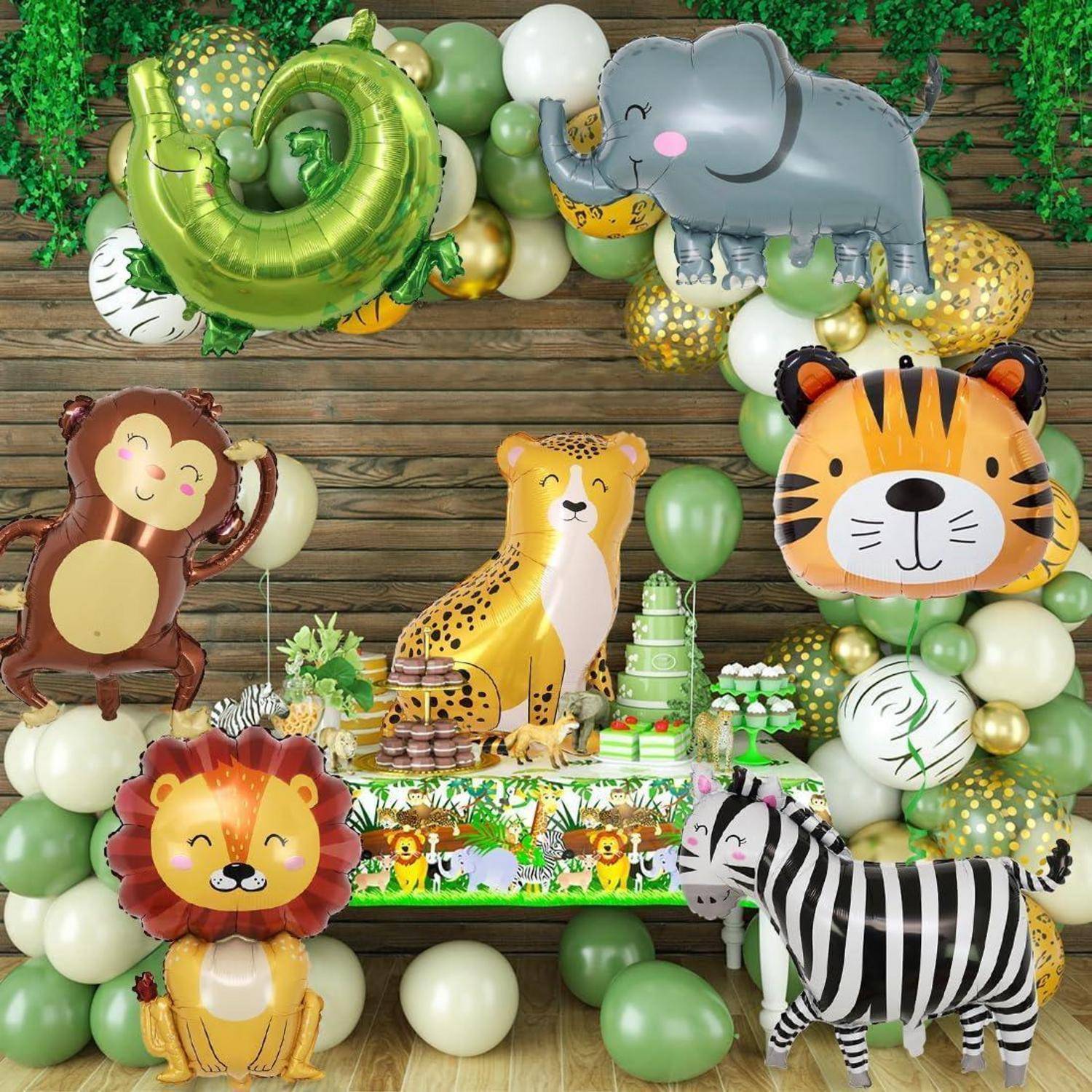 Eine farbenprächtige Dschungel-Geburtstagskulisse mit tierischen Ballondekoration, einschließlich eines Affen, Löwen, Tigers, Zebras, Elefanten und Leoparden.