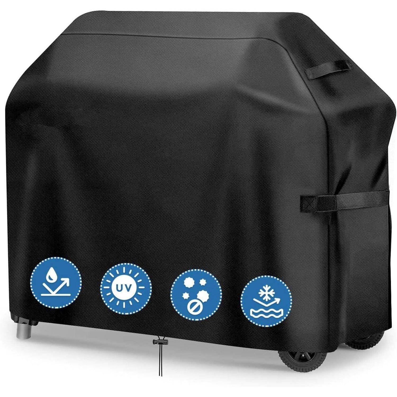 Eine schwarze Grillabdeckung, die auf einem Grill platziert ist. Icons darunter zeigen an, dass sie wasserdicht, UV-beständig, staubdicht und für alle Jahreszeiten geeignet ist.