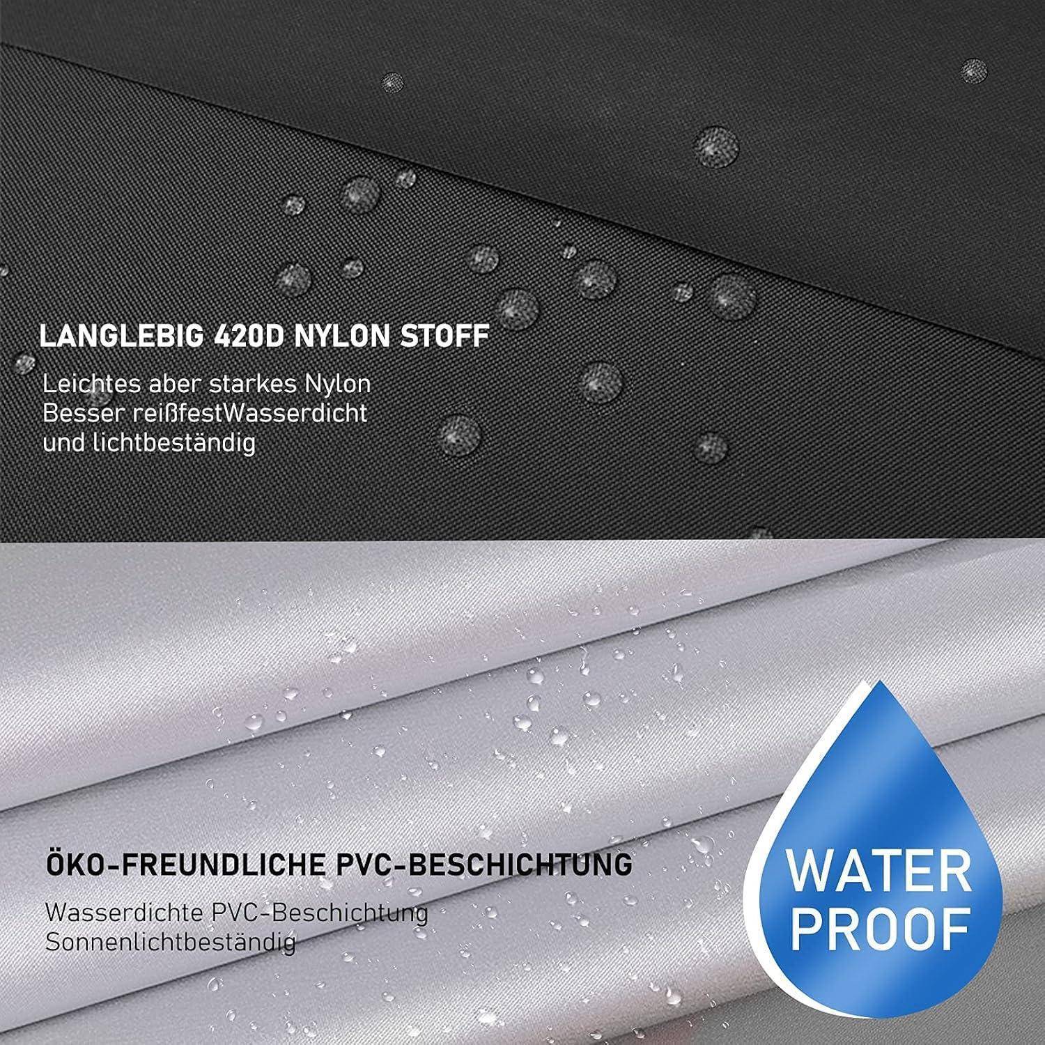 Langlebiger 420D Nylonstoff', der ein leichtes, aber widerstandsfähiges, wasserabweisendes Material mit Wassertropfen präsentiert. 'Umweltfreundliche PVC-Beschichtung' betont die wasserdichten und UV-beständigen Eigenschaften.