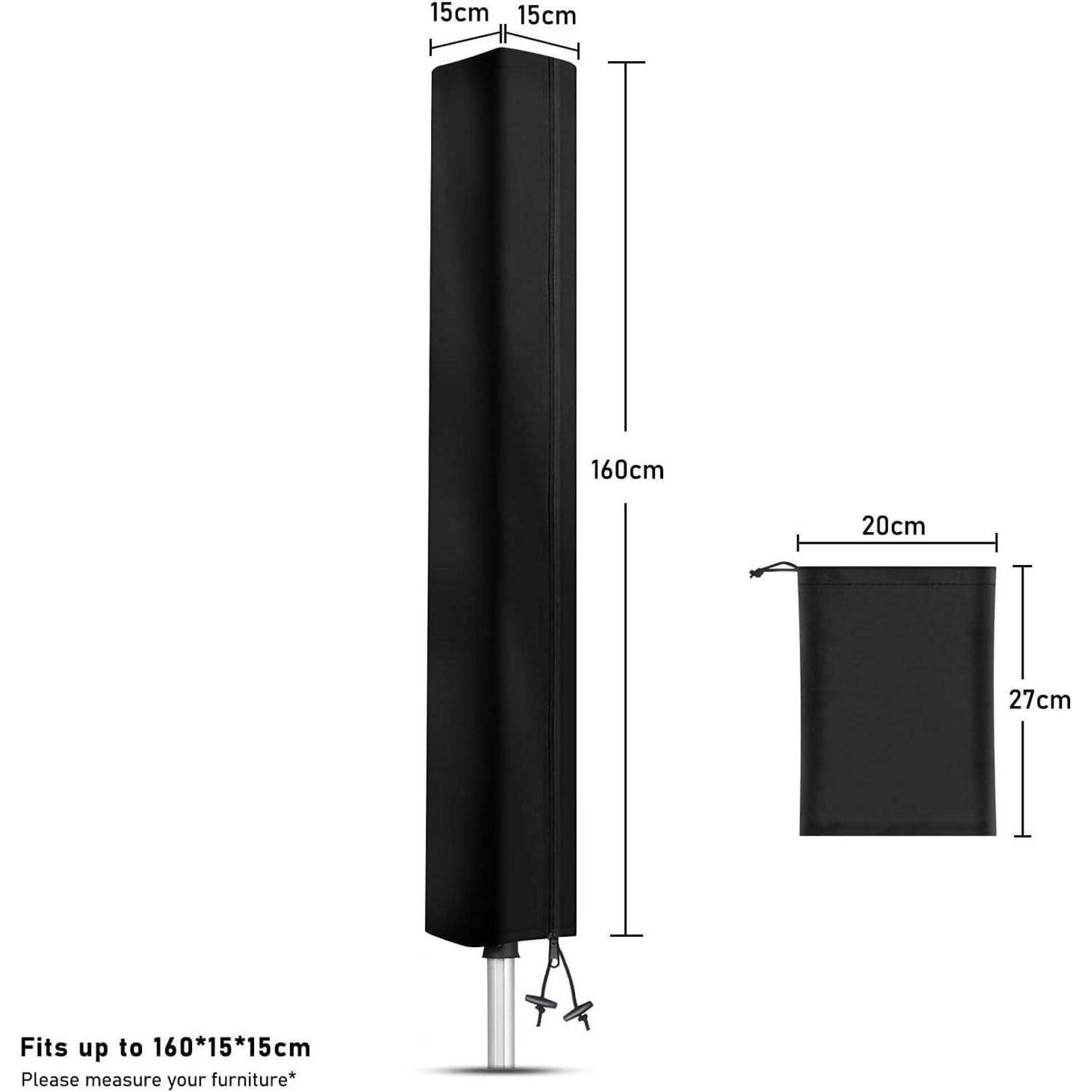 Schutzhülle für Terrassenparasol, mit Abmessungen: 160 cm Höhe, 15 cm Breite. Inklusive einer Aufbewahrungstasche mit 20 cm x 27 cm.