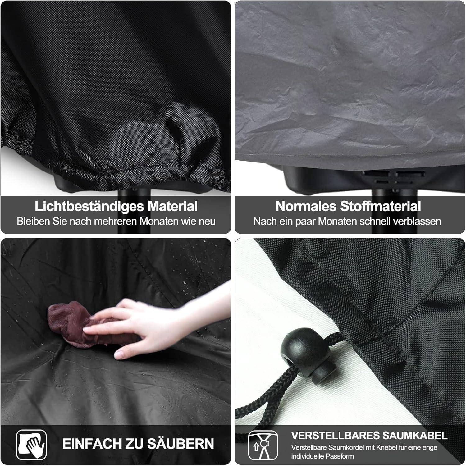 Obere zwei Bedienfelder vergleichen fadenarme Materialien und normalen Stoff mit deutschen Bildunterschriften. Unteres linkes Bild zeigt eine Hand beim Reinigen, unteres rechtes Bild zeigt eine verstellbare Kordelstopper.