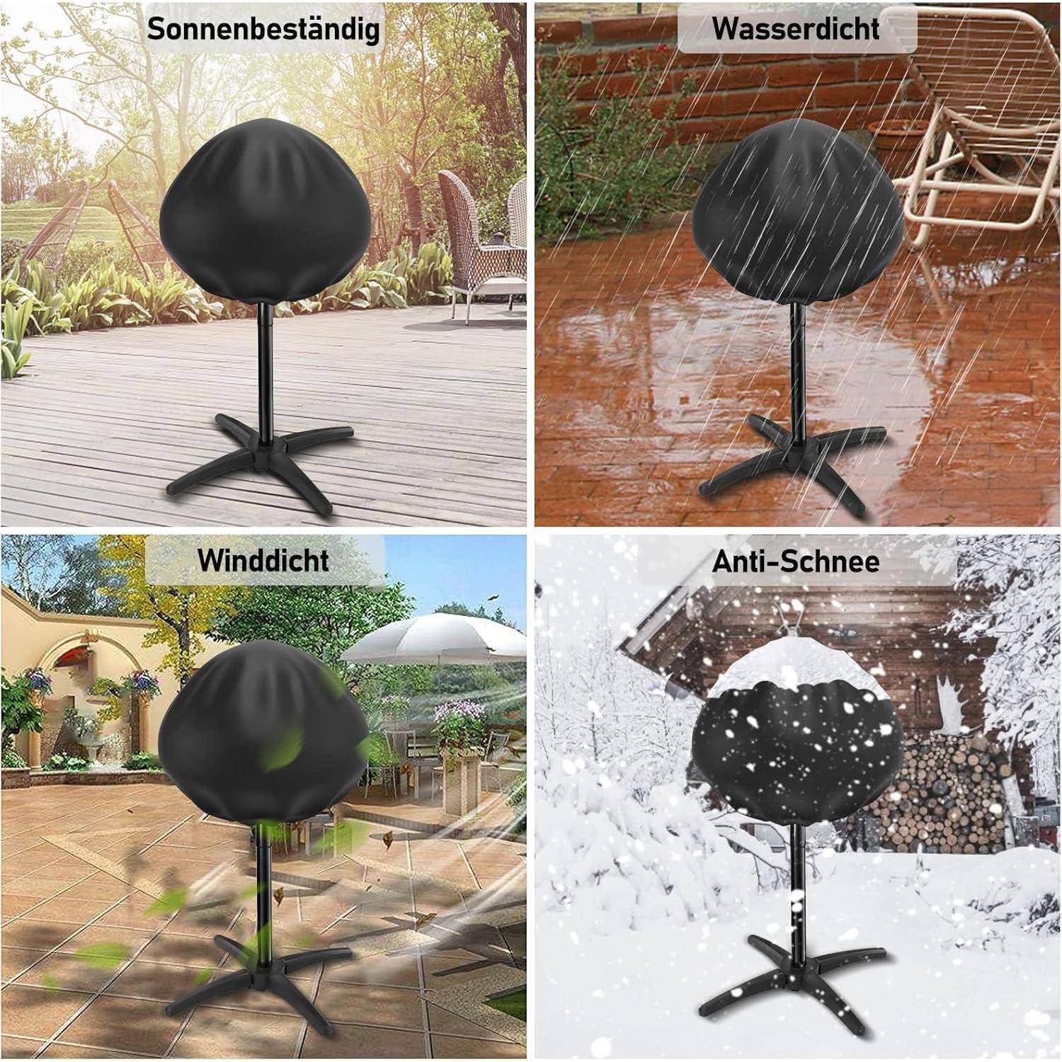 Vier Bilder zeigen eine Stuhlabdeckung unter verschiedenen Wetterbedingungen: sonnig, regnerisch, windig und schneebedeckt und unterstreichen ihre Haltbarkeit und Schutzfunktion.