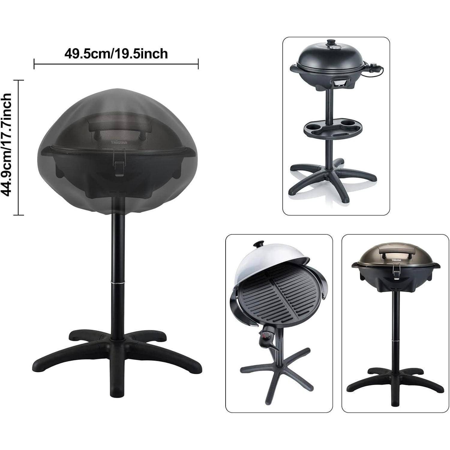 Elektrischer Grill mit Deckel, Ständer und verstellbaren Ablagen, abgebildet. Abmessungen: 49,5 cm (19,5 Zoll) breit, 44,9 cm (17,7 Zoll) hoch.