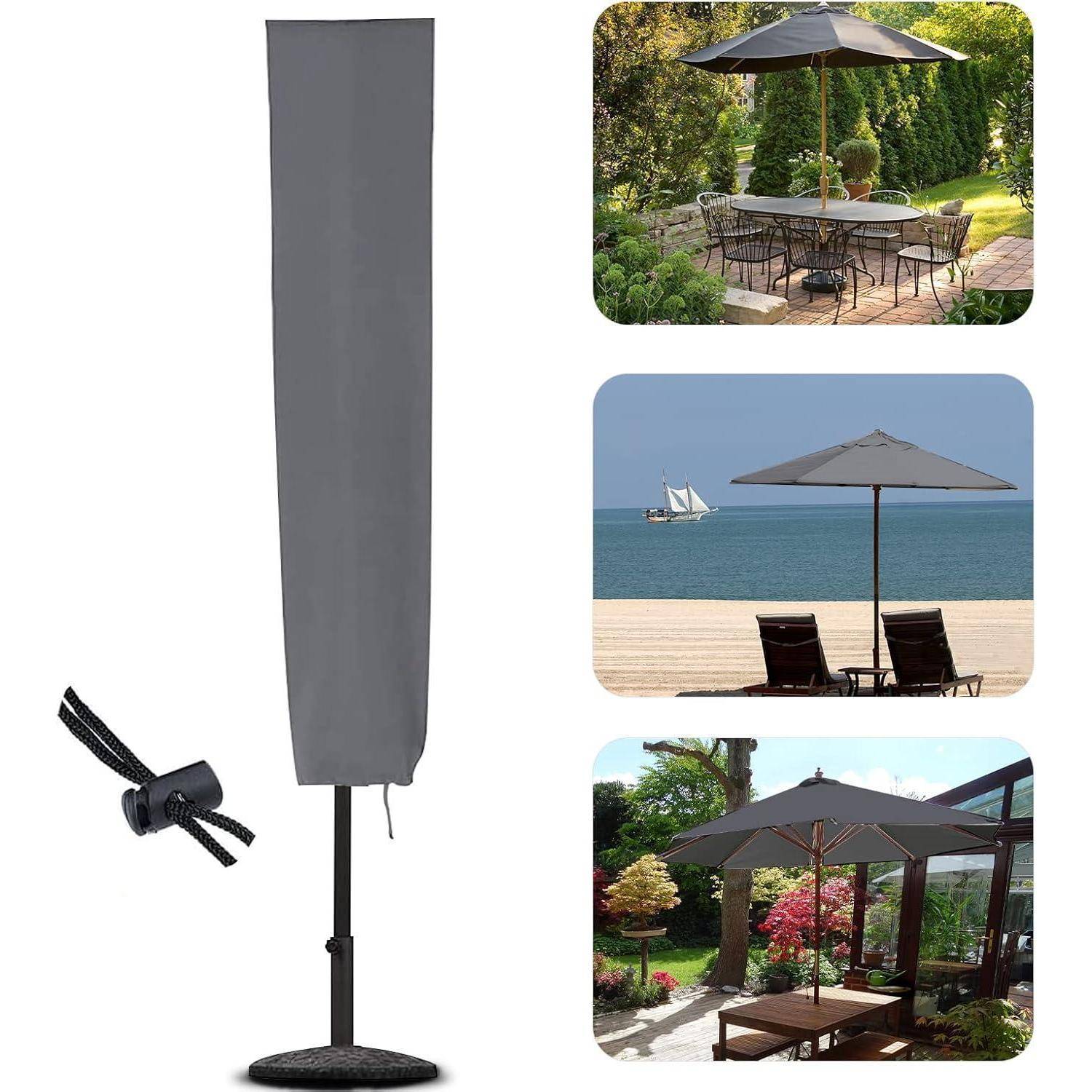 Sonnenschirm mit Schutzhülle und Schnappzubehör; drei Bilder zeigen ihn bei der Beschattung eines Outdoor-Esstisches, von Strandliegen und eines Gartenliegestuhls.