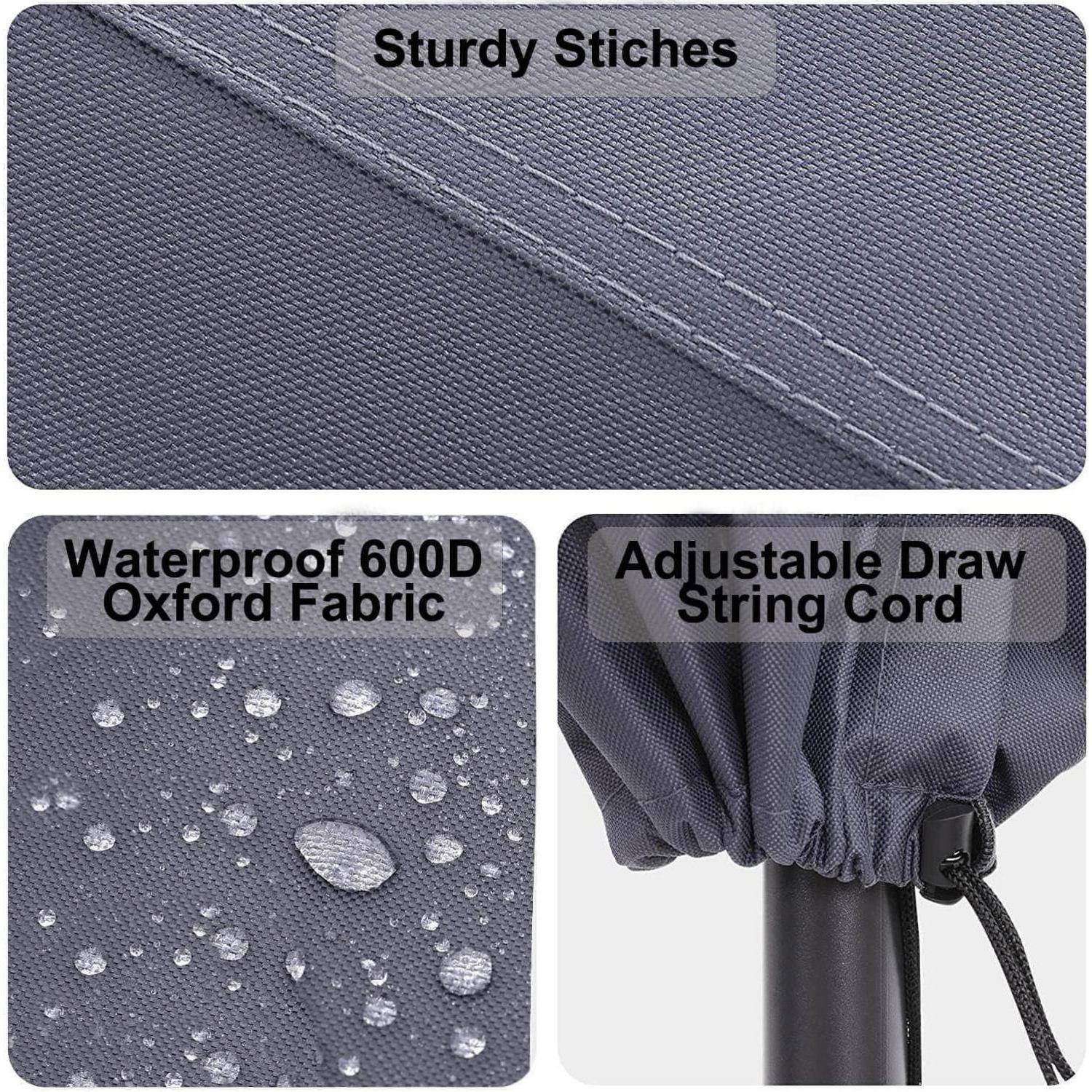 Nahaufnahme von grauem Stoff mit robusten Nähten und Wassertropfen. Zwei Bildunterschriften: Wasserdichter 600D Oxford-Stoff, Verstellbare Kordelzugschnur.
