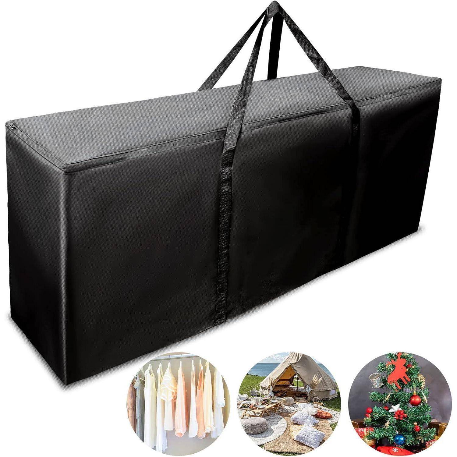 Schwarze Aufbewahrungstasche mit Griffen, dargestellt mit Detailaufnahmen eines Kleiderschranks, Campingausrüstung und Weihnachtsartikeln, was vielseitige Verwendungsmöglichkeiten für die Aufbewahrung andeutet.