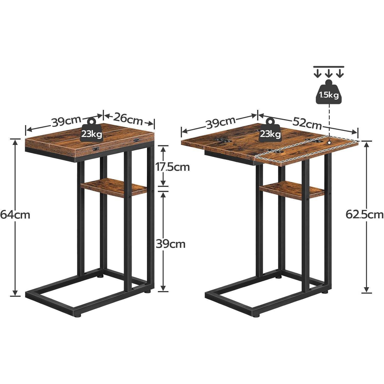 Zwei Holz-Beistelltische mit schwarzen Metallrahmen. Beide haben eine Oberfläche von 39cm x 26cm, mit Höhenunterschieden von 64cm und 62,5cm. Die Traglast beträgt 15kg.