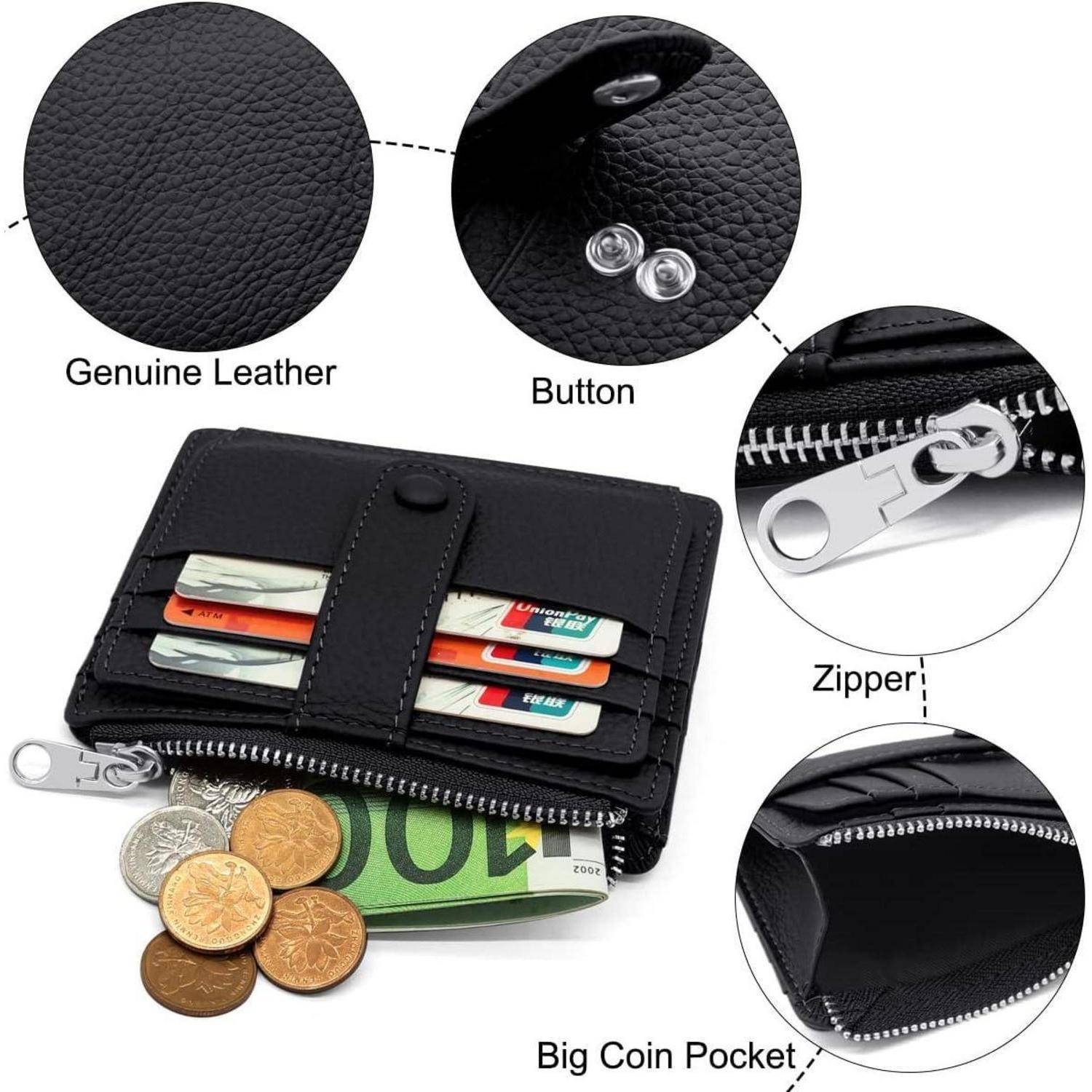 Ein schwarzes Portemonnaie aus echtem Leder mit einem Knopf und Reißverschluss wird gezeigt. Es hat Fächer für Karten und eine große Tasche für Münzen und Bargeld.