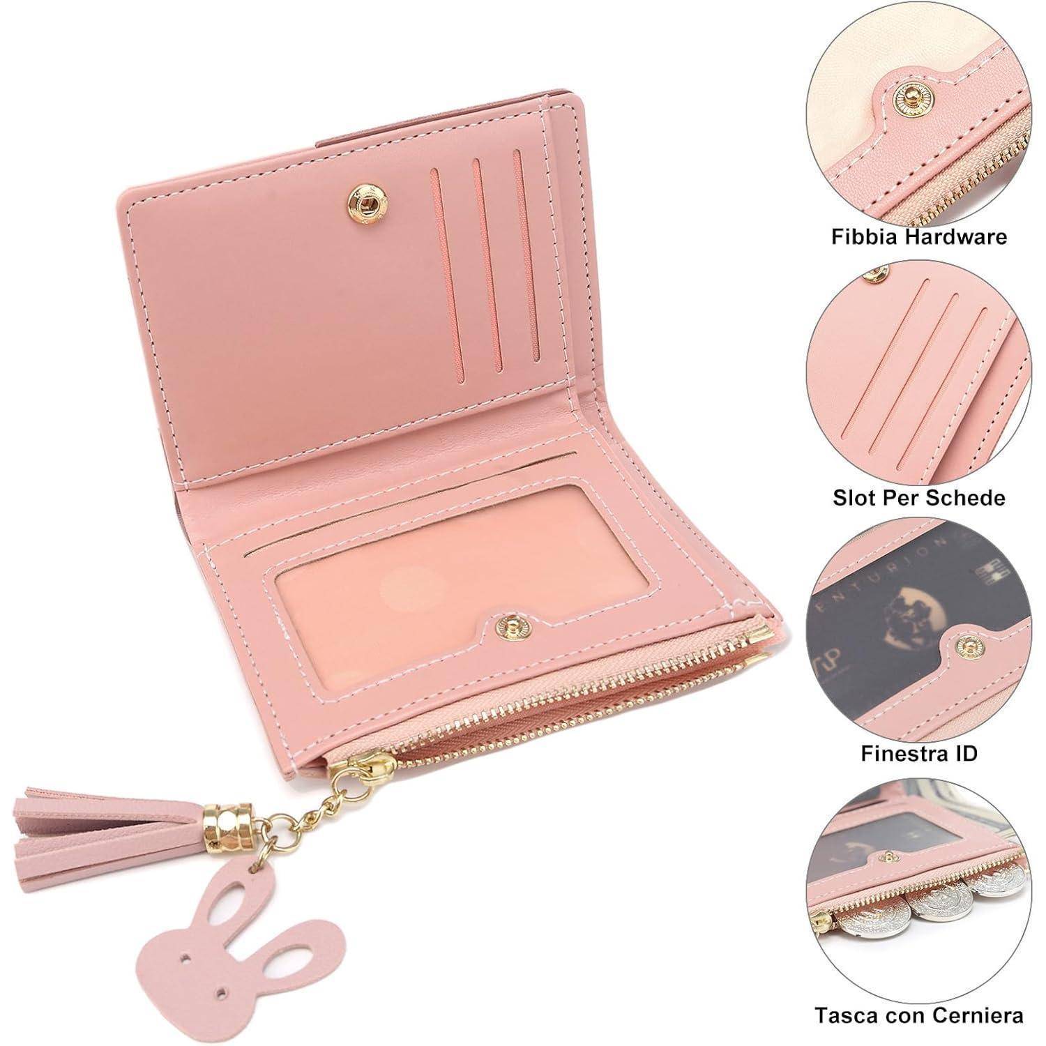 Öffne rosa Geldbörse mit Kartenfächern, Ausweisfach, Münzfach mit Reißverschluss und Anhänger-Schlüsselkette in Kaninchenform.