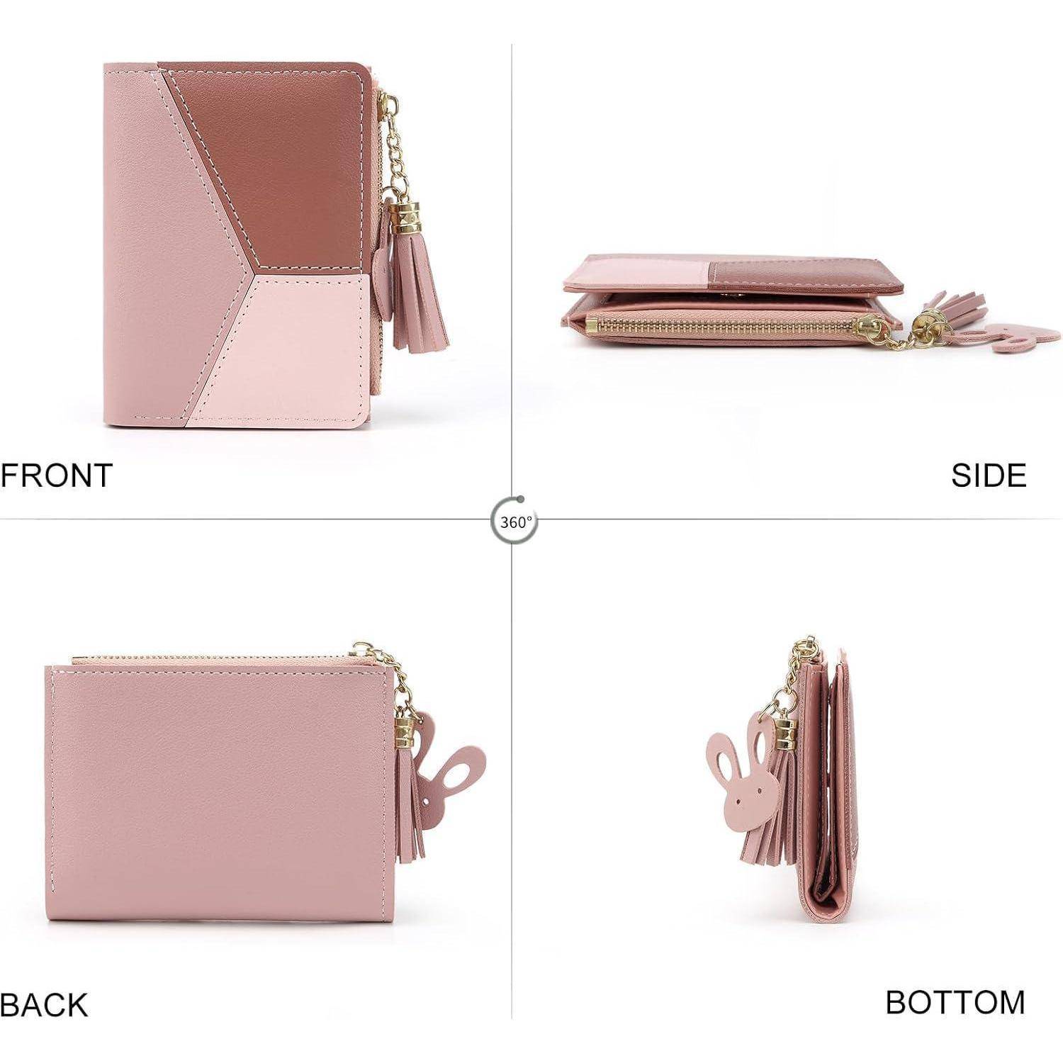 Quadrantenansicht eines rosa Geldbeutels mit Reißverschluss, geometrischem Design und Taschenanhänger. Perspektiven von vorne, der Seite, hinten und von unten dargestellt.