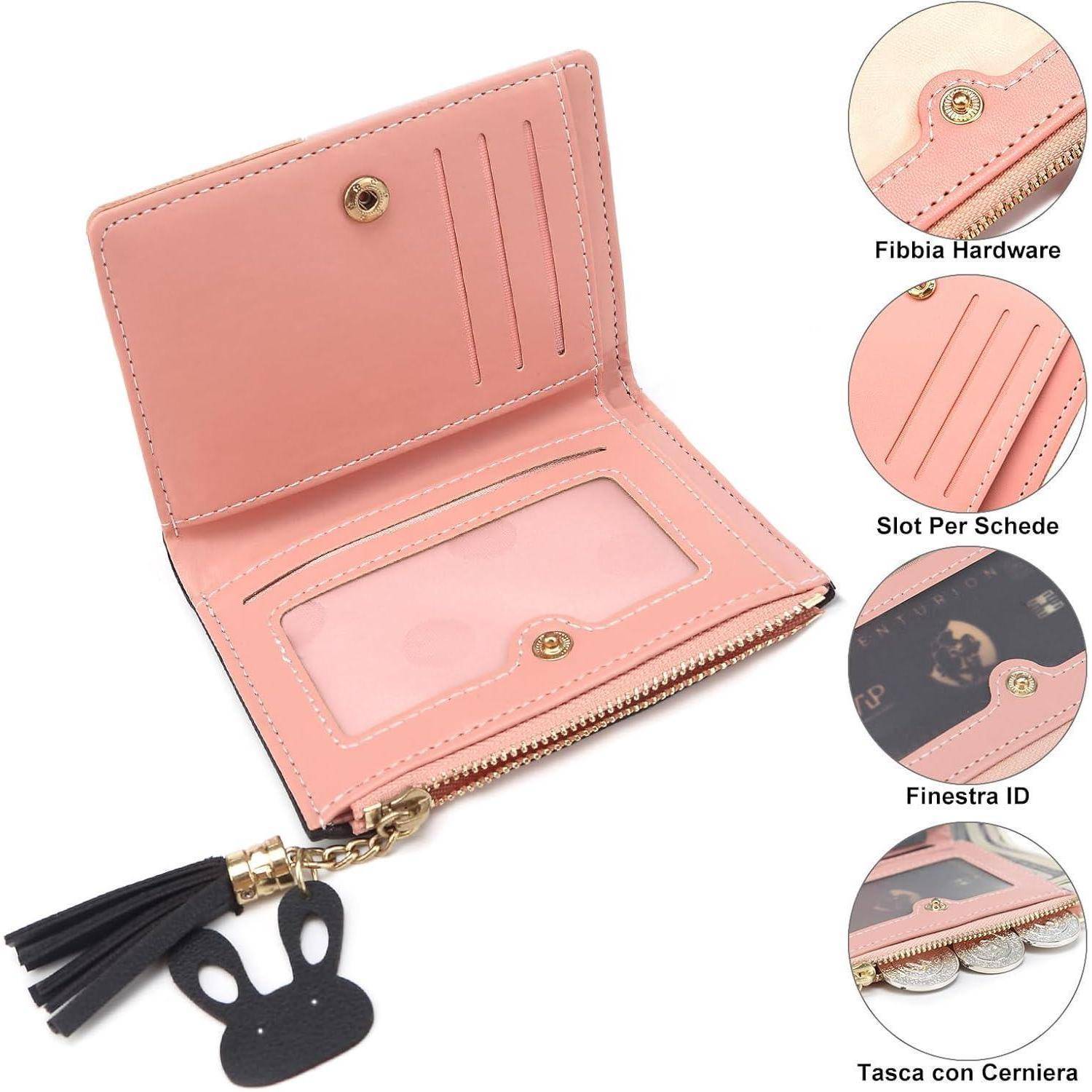 Öffne rosa Geldbörse mit Kartenfächern, einem Ausweisfach und einem Reißverschluss-Münzfach. Merkmale beinhalten einen Quasten-Anhänger und mehrere Detailaufnahmen.
