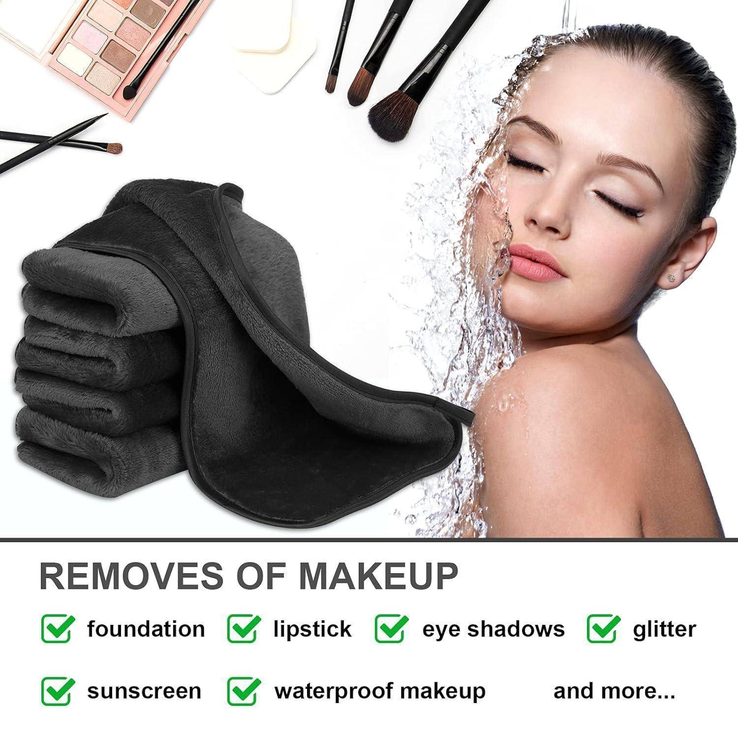 Eine Frau, bei der Wasser auf ihr Gesicht spritzt, steht neben Make-up-Utensilien. Text lautet: 'ENTFERNT MAKEUP: Foundation, Lippenstift, Lidschatten, Glitzer, Sonnenschutz, wasserfestes Make-up und mehr.