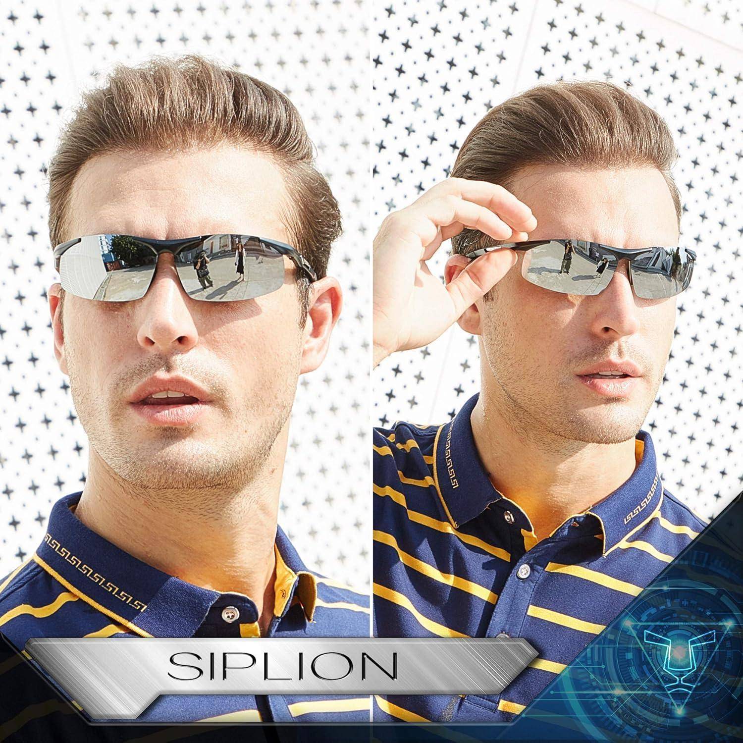 Eine Person mit verspiegelter Sonnenbrille und einem blau gestreiften Hemd, in zwei ähnlichen Posen dargestellt. Die Sonnenbrille steht im Mittelpunkt.