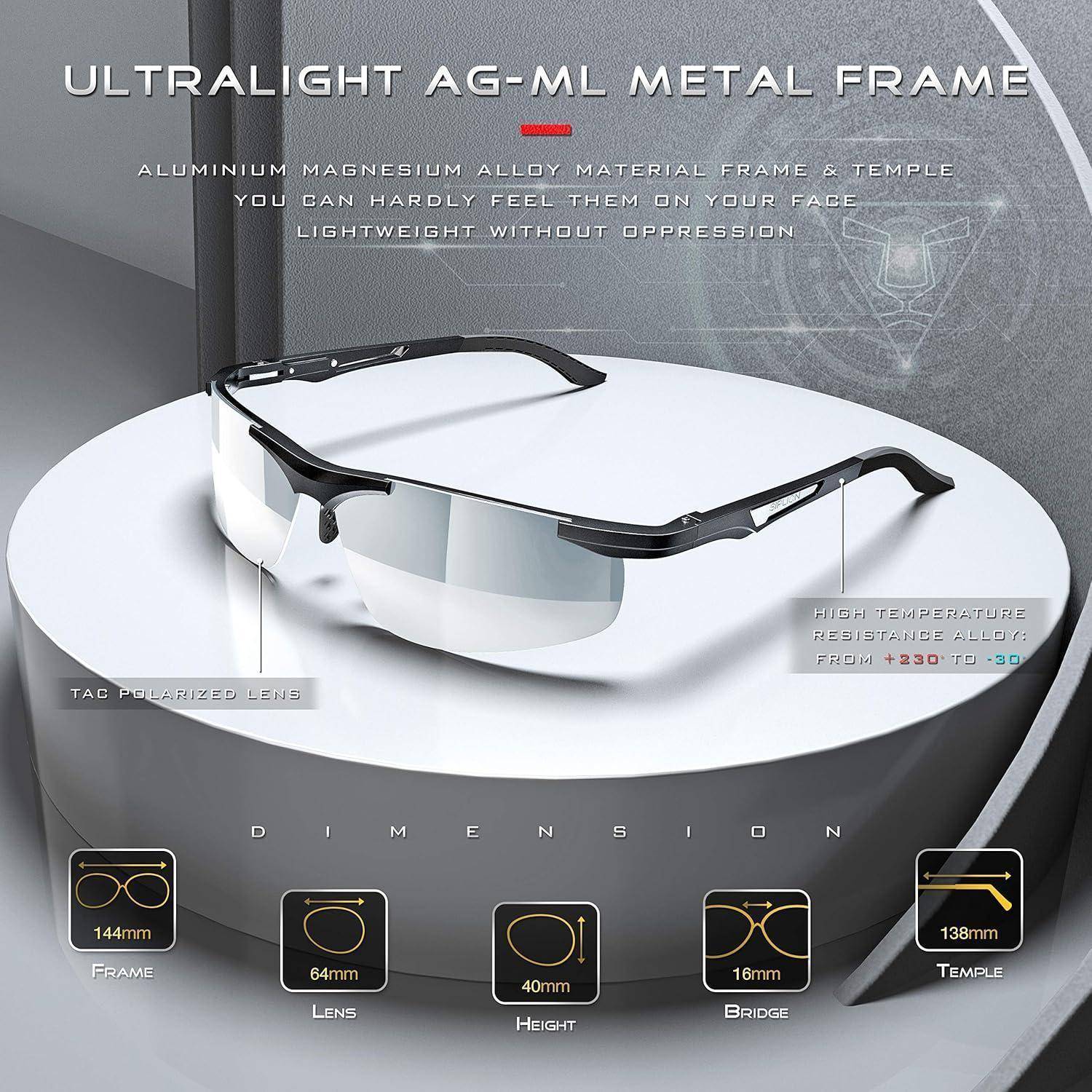 Sonnenbrille mit ultraleichtem AG-ML-Metallrahmen aus Aluminium-Magnesium-Legierung; TAC polarisierte Gläser. Abmessungen: Rahmen 144mm, Linse 64mm, Höhe 41mm, Steg 16mm, Bügel 138mm.