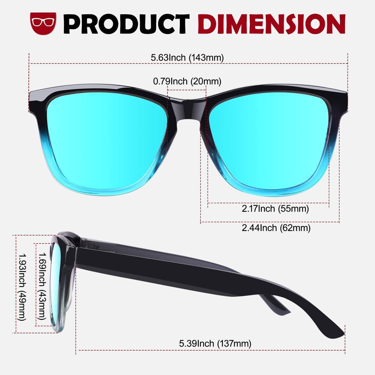 Brillenabmessungen: 5,63 Zoll (143 mm) breit, 2,17 Zoll (55 mm) Linsenhöhe, 0,79 Zoll (20 mm) Steg, 5,39 Zoll (137 mm) Bügellänge.