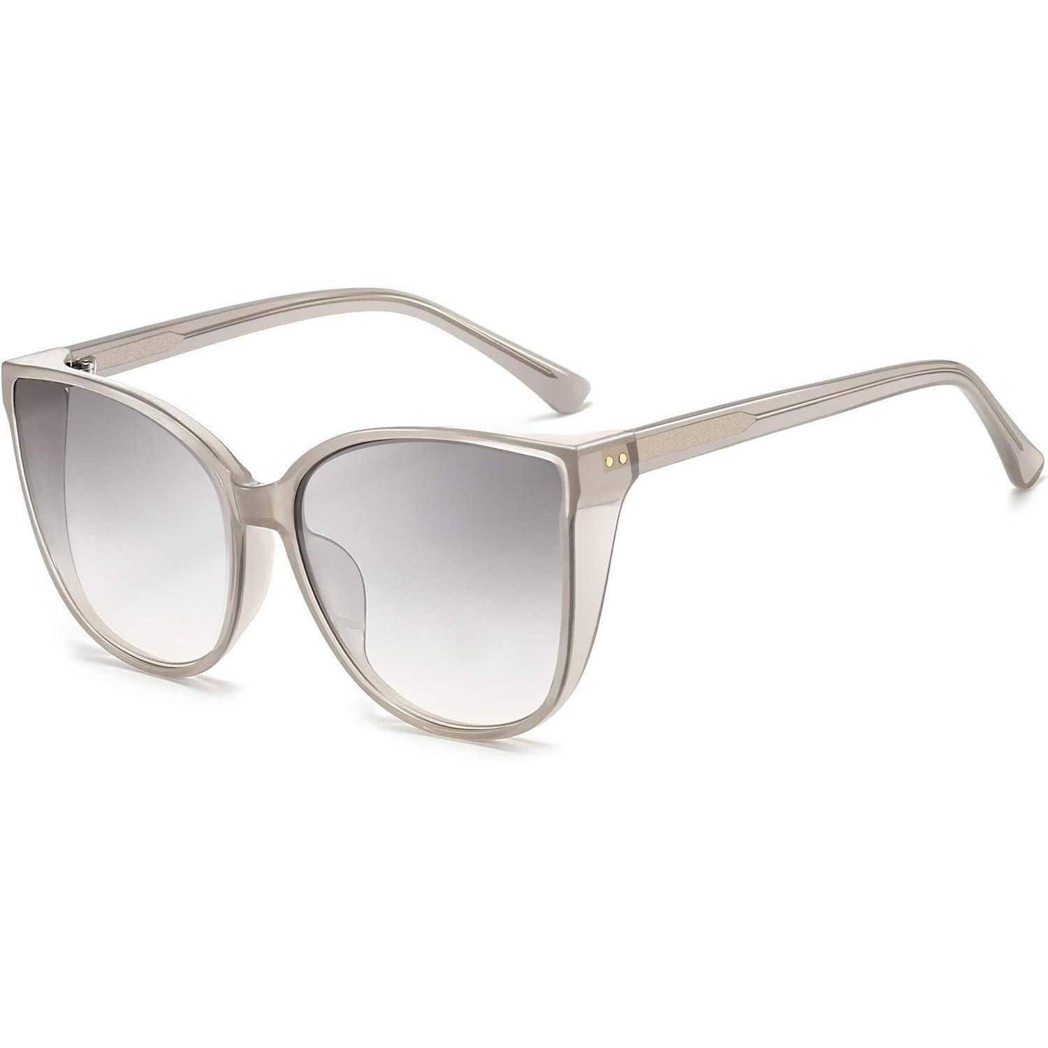 Stilvolle Cat-Eye-Sonnenbrille mit einem hellen Beige-Rahmen und Verlaufsgläsern.