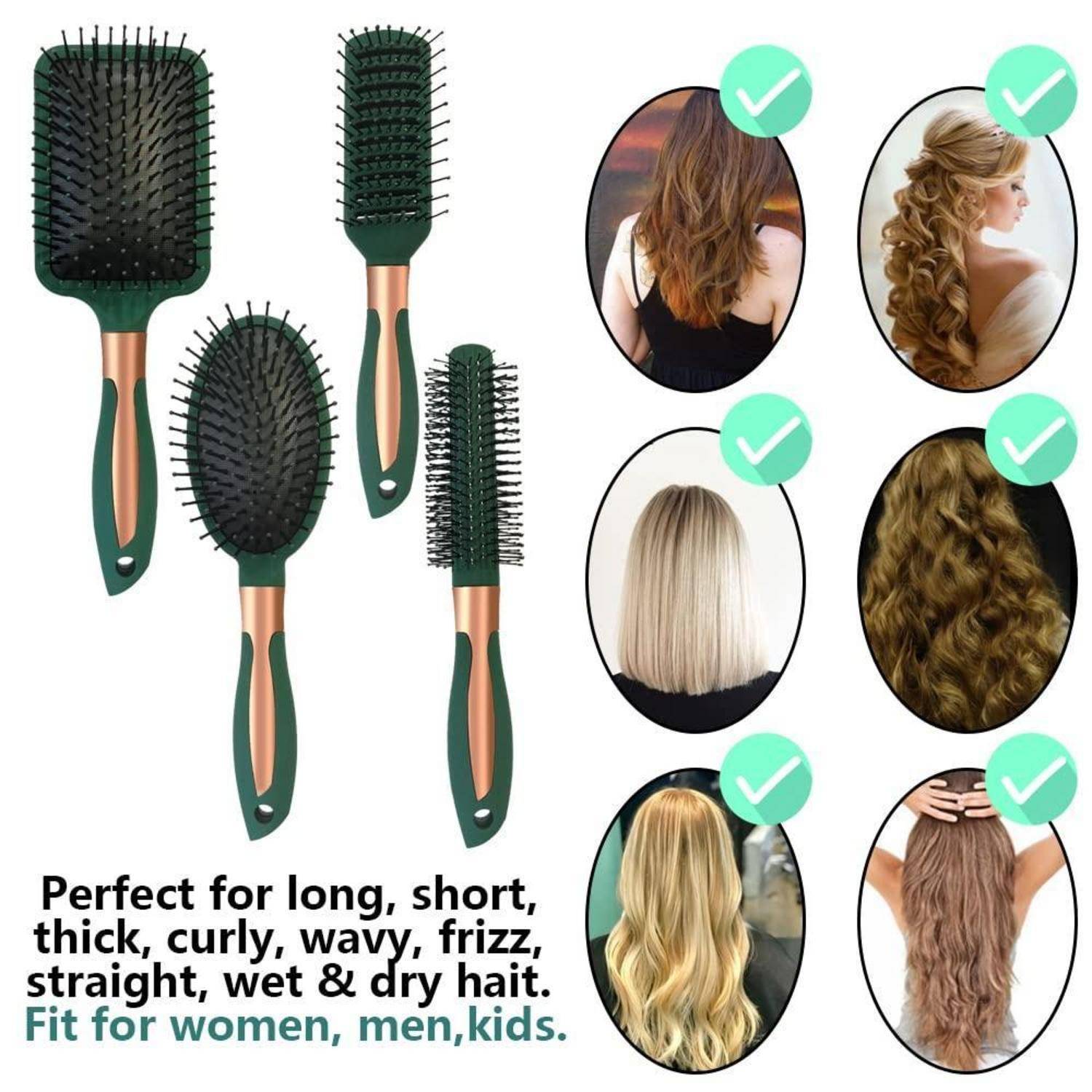 Haarbrush-Set für verschiedene Haartypen. Bild zeigt Frisuren einschließlich gerader, lockiger und geflochtener Haare, mit Text: 'Passend für Frauen, Männer, Kinder.