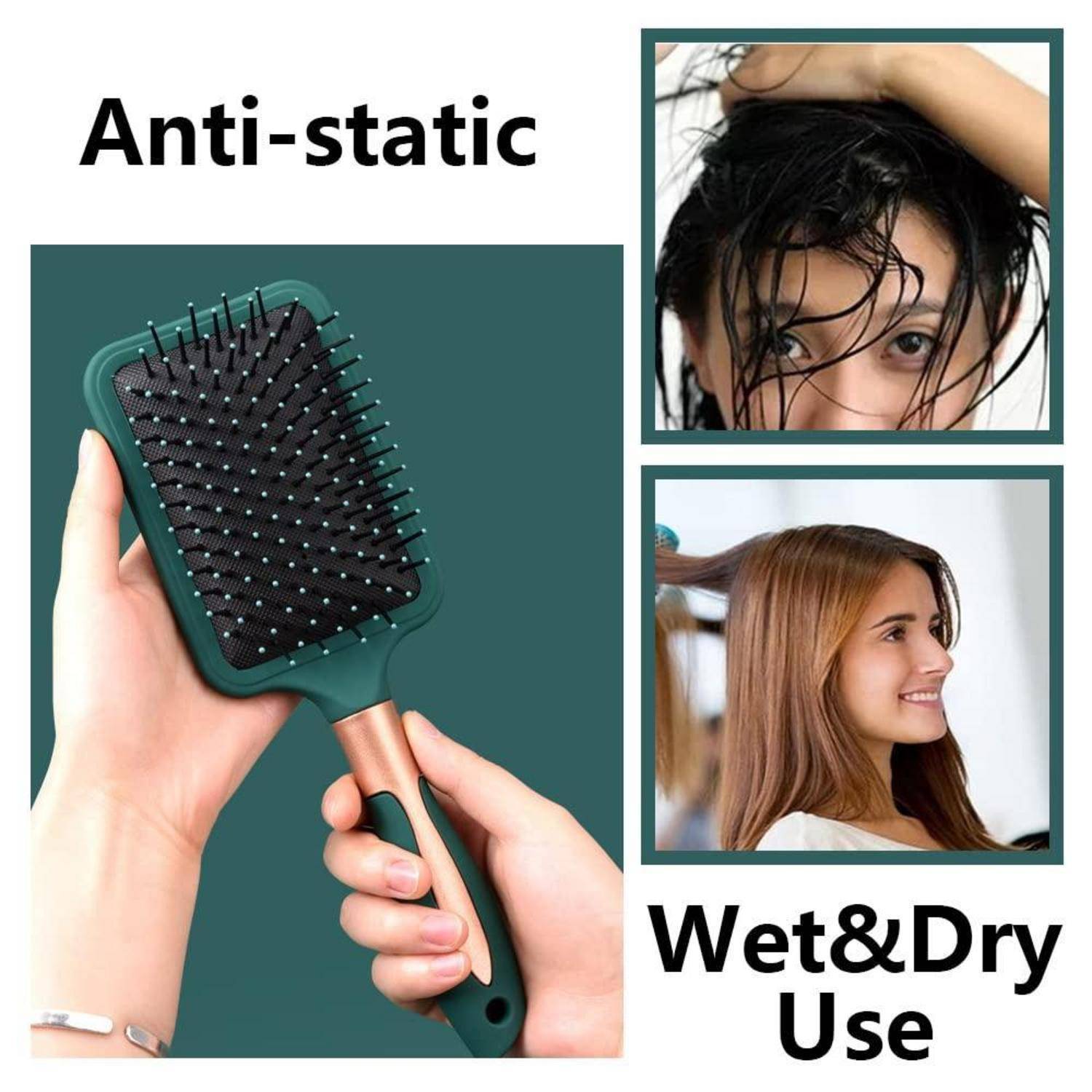 Eine Hand hält eine schwarze, quadratische Paddelbürste. Das obere Foto zeigt eine Person, die feuchtes Haar entwirrt; das untere Foto zeigt eine Person mit glattem, trockenem Haar. Text lautet 'Antistatisch' und 'Nass & Trocken Nutzung'.