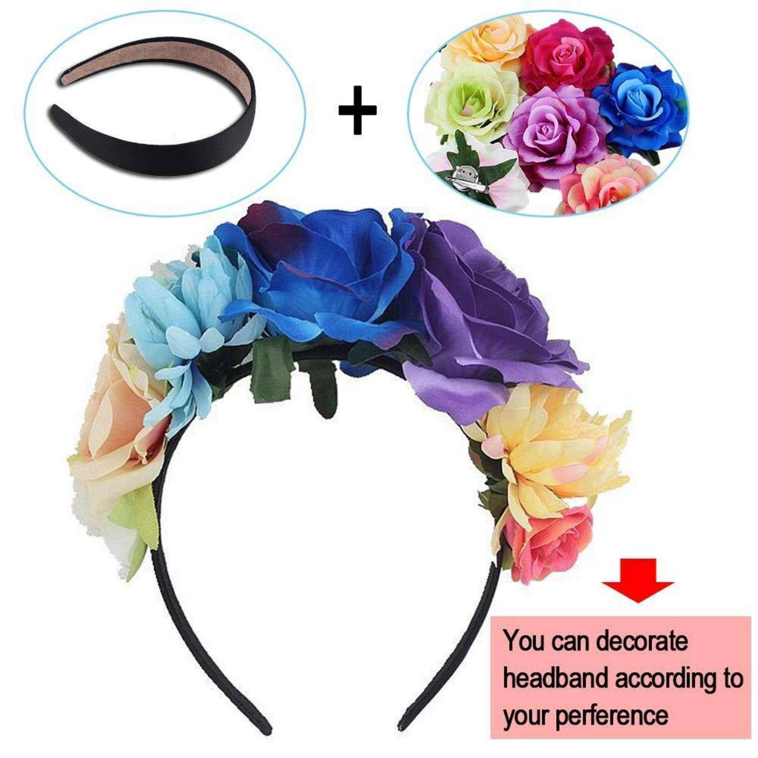 Haarband mit bunten Blumen zur Dekoration; enthält schwarzes Haarband und Set mit verschiedenen Blumen für ein persönliches Design.