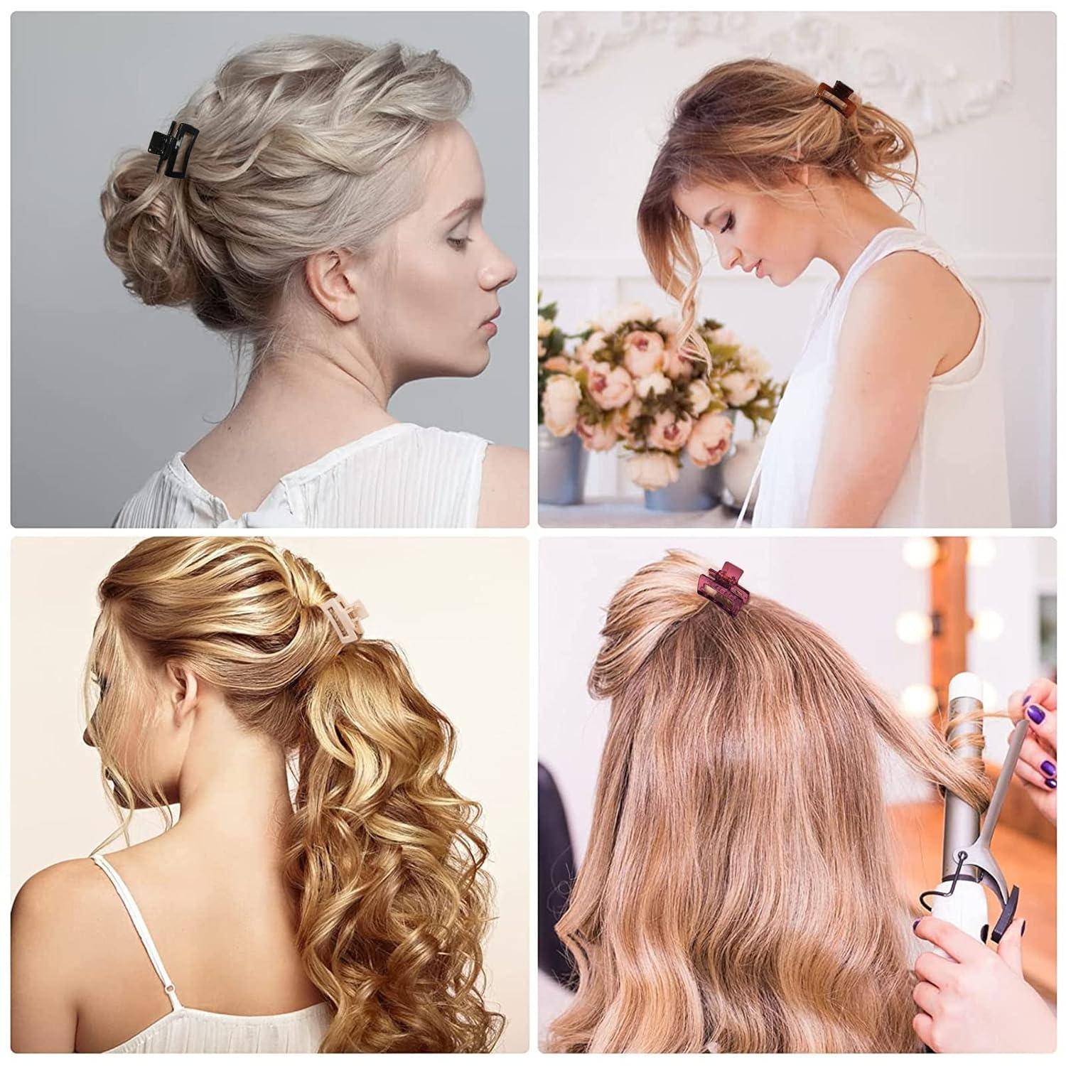 Vier Frauen mit verschiedenen Frisuren, die mit Klauenklammern befestigt sind; die Stile umfassen Hochsteckfrisuren und einen gelockten Pferdeschwanz, die vielseitige Haarkreationen veranschaulichen.