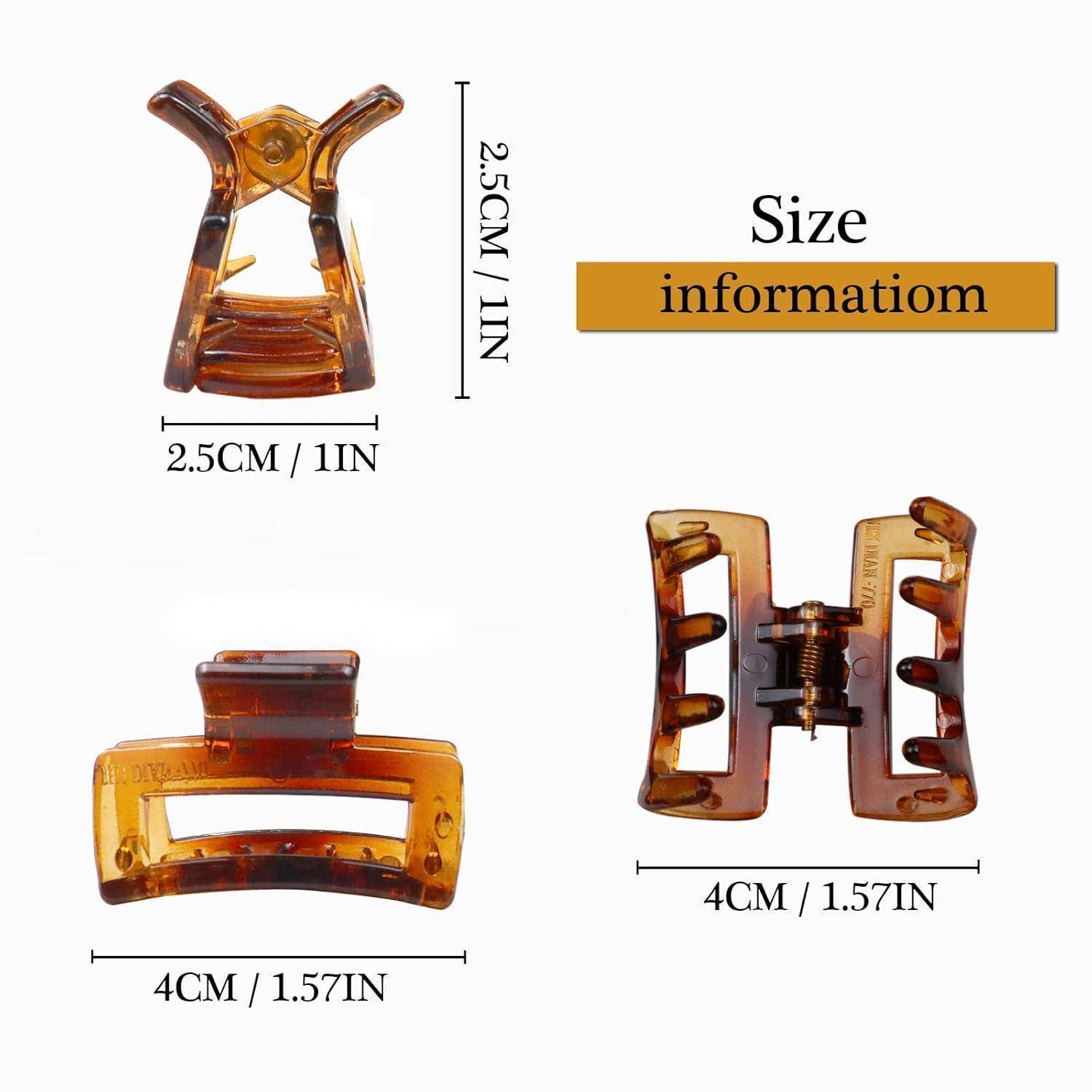 Größen für Haarspangen: Obere Spange ist 2,5 cm/1 Zoll hoch, untere Spange ist 4 cm/1,57 Zoll breit. Beide Spangen sind braun mit Schildpatt-Muster.