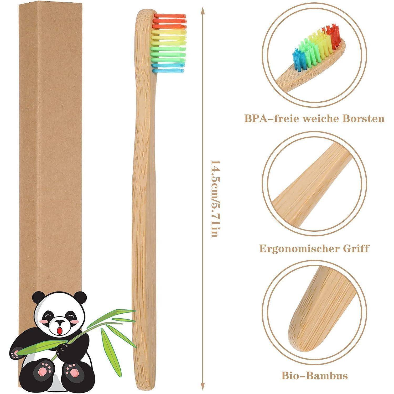 Bambus-Zahnbürste mit Regenbogen-Borsten, die BPA-freie weiche Borsten, einen ergonomischen Griff und umweltfreundliches Bambusmaterial hervorhebt.