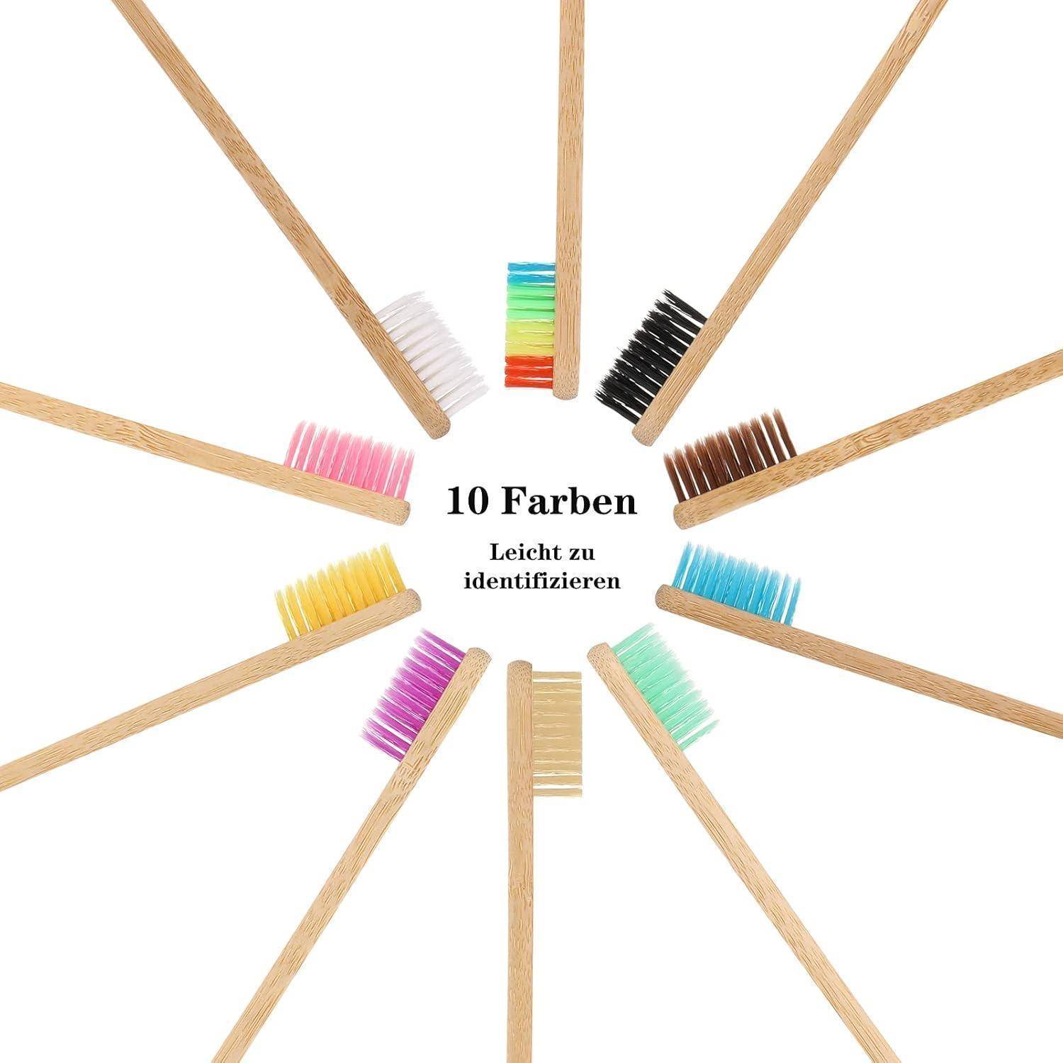 Zehn Bambuszahnbürsten in einem Kreis, jede mit unterschiedlich gefärbten Borsten. Text in der Mitte lautet '10 Farben Leicht zu identifizieren.